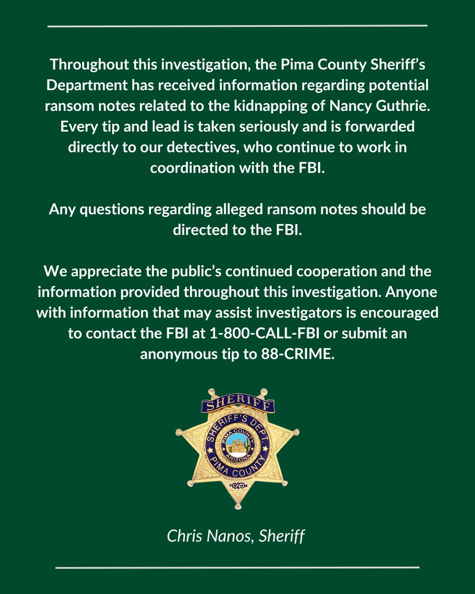 PimaSheriff's tweet photo. Statement on Guthrie Investigation - https://t.co/wXvWnukWaK
