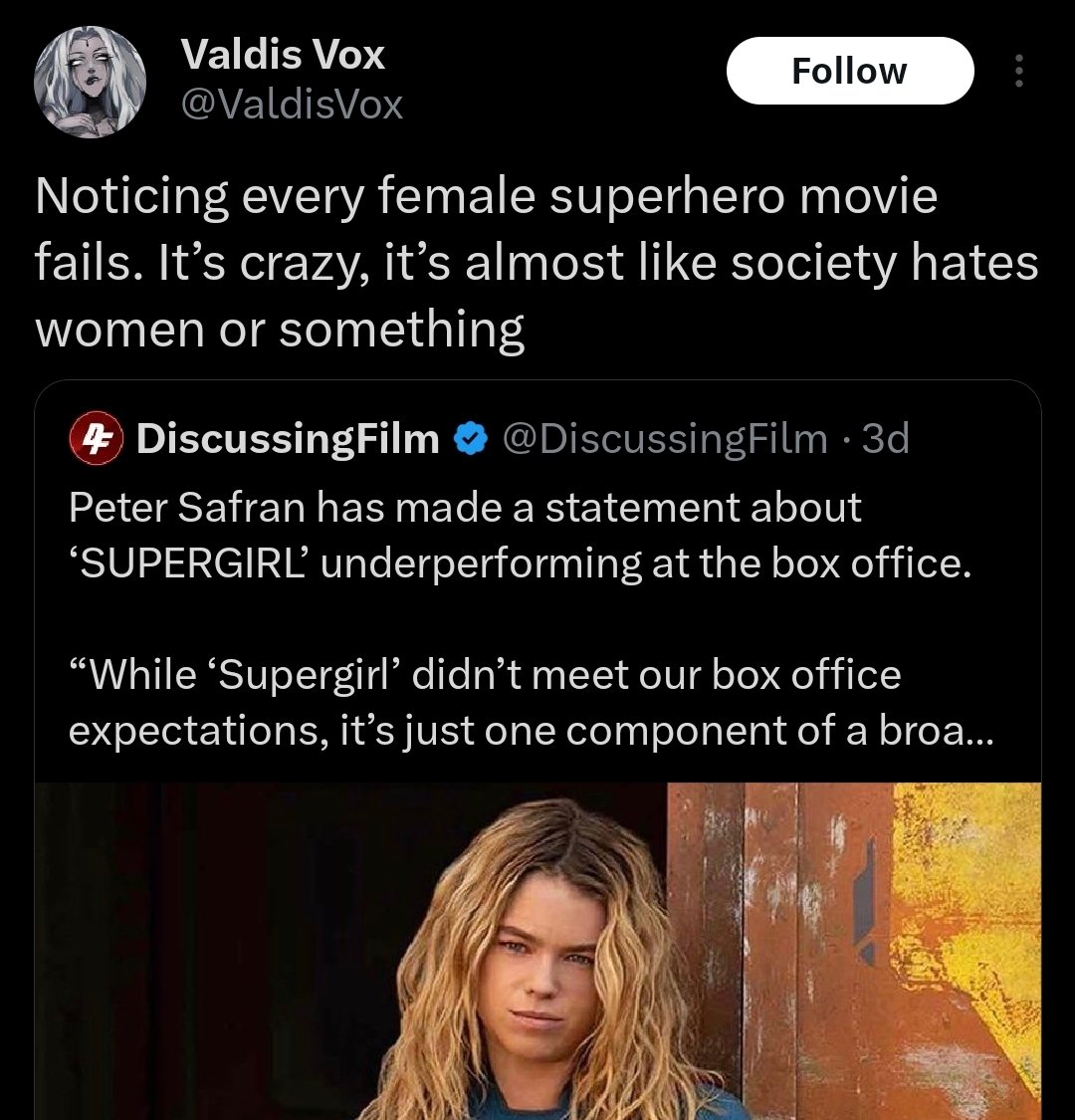 Trust_Lion_'s tweet photo. Good example of Girls Rule/Boys Drool Law-

If a girl succeeds it's because of her "inherent superiority".
If she fails it's because of a "systematic problem".
If a boy succeeds it's because of the "privileges he has".
If he fails it's because "boys are dumb and/or mediocre". https://t.co/109wxZFAN4