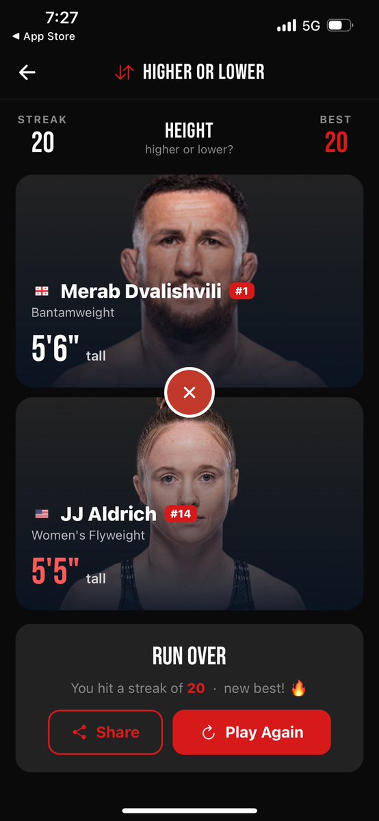 JeremyL787's tweet photo. @TheArtOfWar6 Second try lol 

MainCardMMA — Higher or Lower

Streak: 20 (new best)
Best: 20

Think you know the fighters better? https://t.co/5lMBOhuoo1
