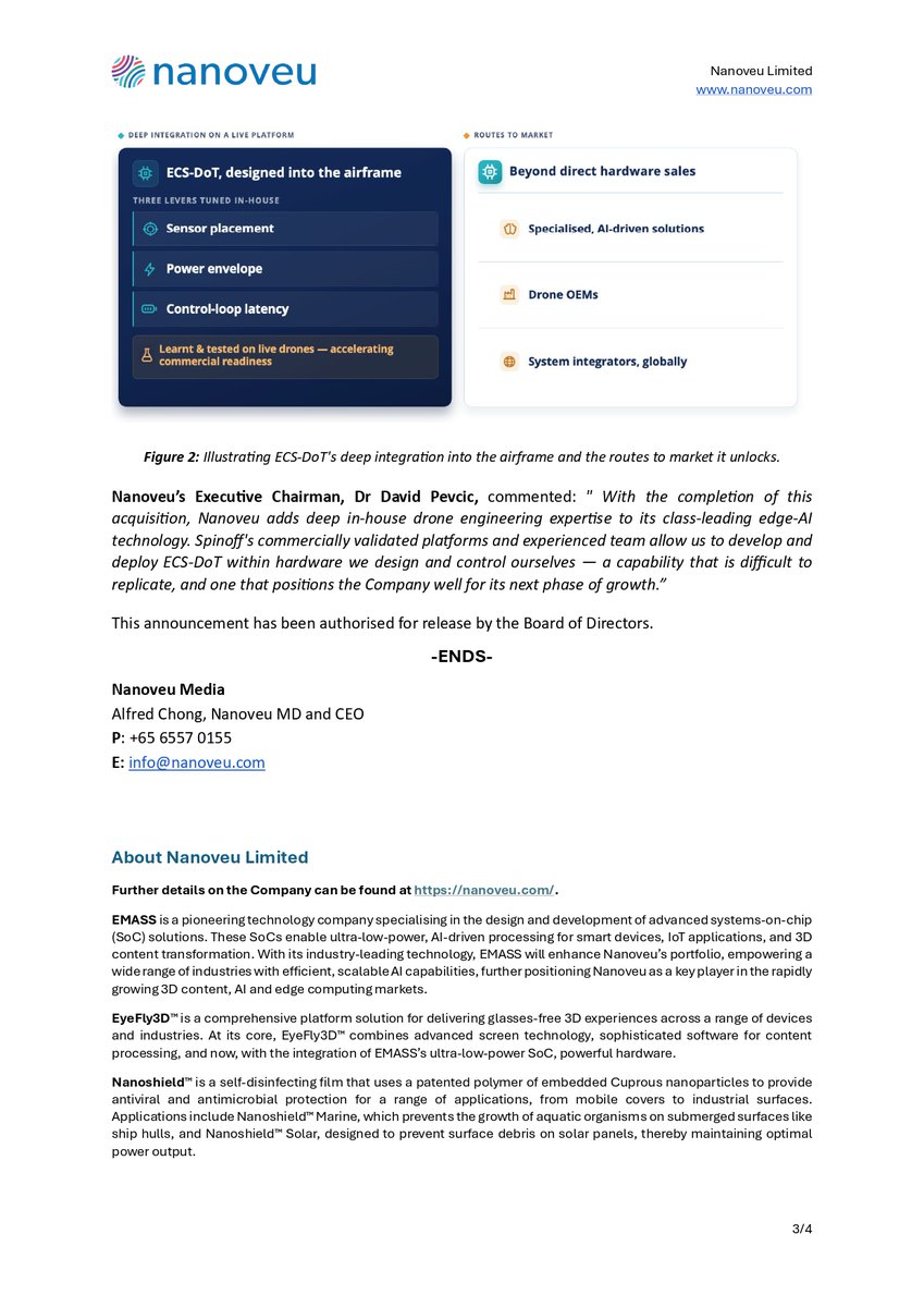 TheGladiatorHC's tweet photo. Nanoveu (ASX: $NVU) Accelerates ECS-DoT Drone Commercialisation with Strategic Spinoff Robotics Acquisition
Key Highlights
• Completed the Spinoff Robotics acquisition, adding the ALICE and METRON drone platforms and an experienced engineering team.
• Strengthens ECS-DoT commercialisation with in-house drone design, development and testing capabilities.
• Developing next- generation ALICE and METRON platforms powered by ECS-DoT Edge AI.
• Expanding into defence, critical infrastructure protection and inspection applications.
• Dr. Chee How Tan joins Nanoveu to lead the Company's drone vertical initiatives.
@nanoveuofficial
Link to the Announcement:
https://t.co/eyoteDT5Cd
