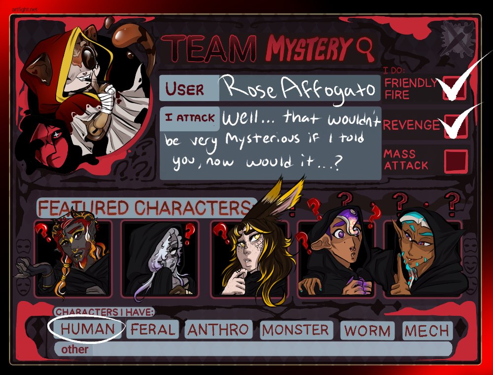 RoseAffogato's tweet photo. I am doing Art Fight this year, fighting for team mystery! 😊 https://t.co/fKkzllvlgM https://t.co/1TZdAOobaz