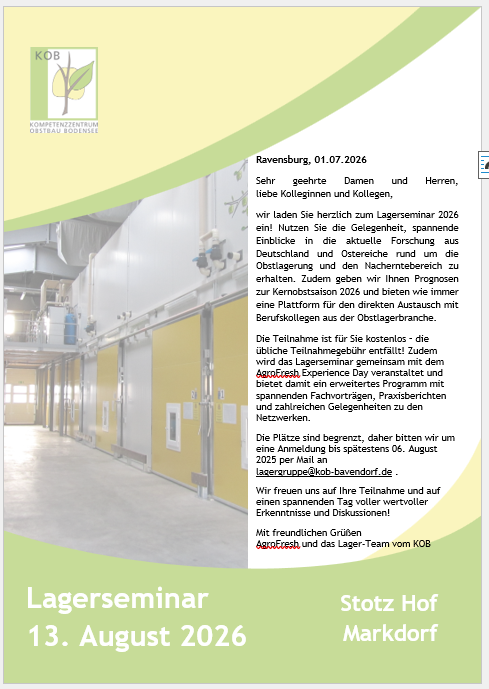 Nacherntephysi1's tweet photo. 🍎📦 Save the date! Das #Lagerseminar2026 bringt Forschung, Beratung und Praxis zusammen. Freuen Sie sich auf aktuelle Erkenntnisse zur Obstlagerung, Nachernteforschung und Prognosen zur Kernobstsaison 2026.
#Postharvest #AppleStorage #FruitResearch #KOB https://t.co/xQljISB200