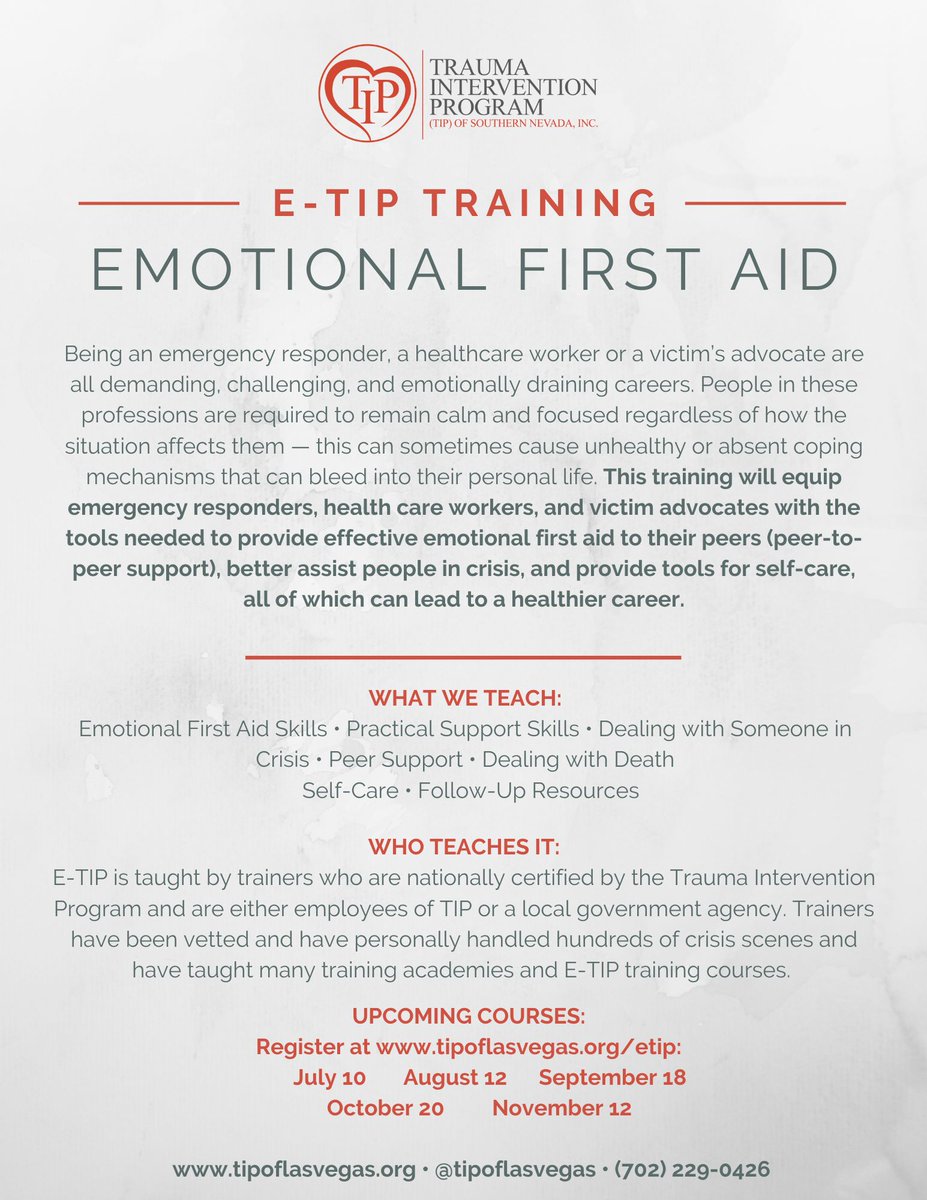 tipoflasvegas's tweet photo. If you’re an emergency responder, victim advocate, or healthcare professional, E‑TIP is a game‑changer.   This one‑day course will genuinely shift the way you understand and respond to crisis. These classes fill quickly—register now to secure your spot! https://t.co/mKTIMpPXpB