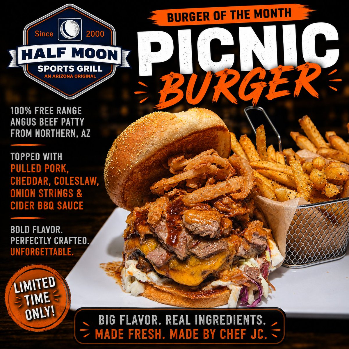 HalfMoonAZ's tweet photo. Stop in any time in July and feast on Chef JC's Picnic Burger at The Moon. It's a 100% free range Angus patty piled with pulled pork, cheddar, coleslaw, onion strings, and Chef JC's Cider BBQ Sauce. #HalfMoonSportsGrill #BurgerLovers https://t.co/avsAM3SQah
