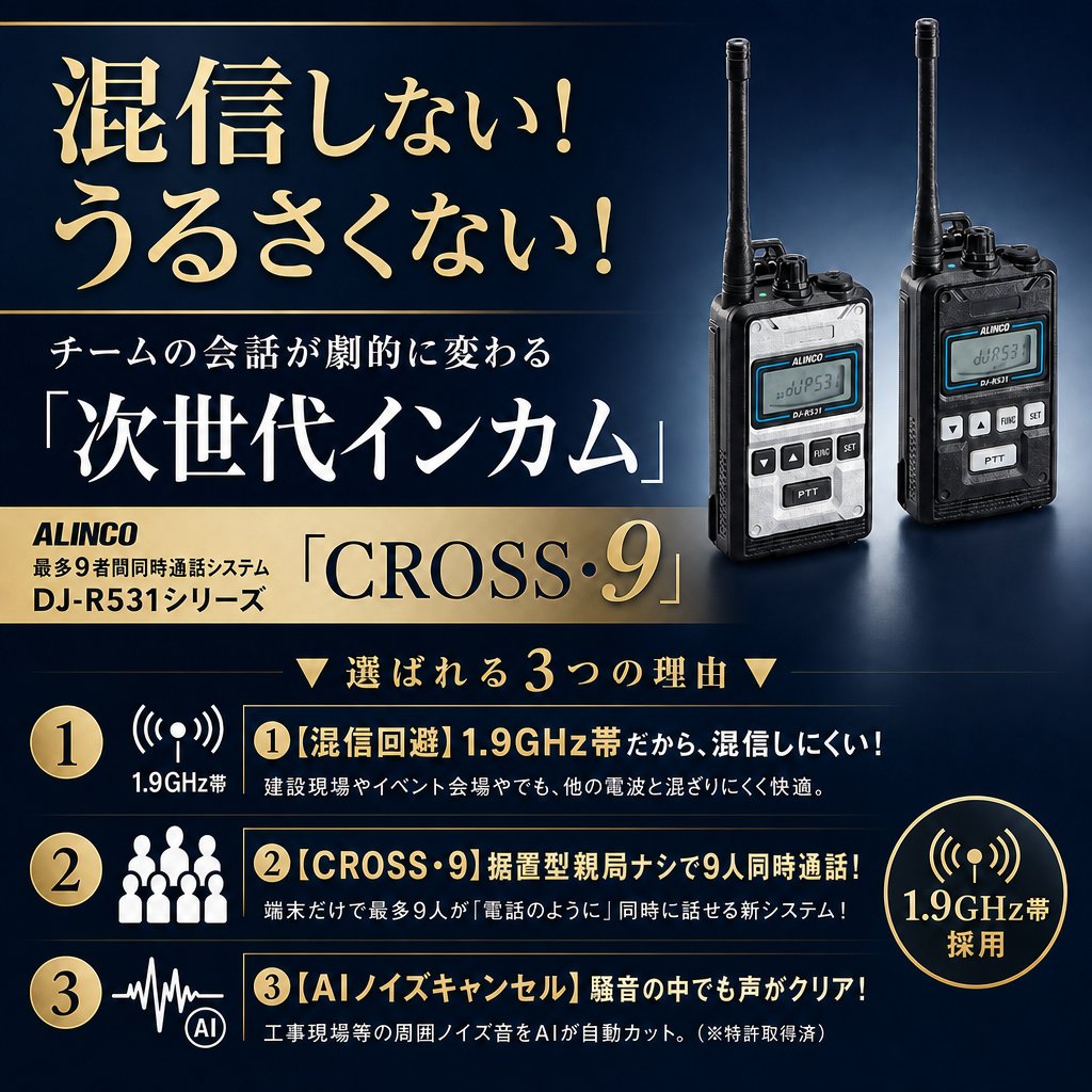 alinco_iot's tweet photo. おはようございます🌞
本日は新製品 #DJR531 #9者間同時通話 のご紹介です！
1.9GHz帯採用のため他の電波と混信しにくい且つAIノイズキャンセルで音がクリアに聞こえます！

日常生活で9人同時に話したいときって多々ありますよね？？ぜひ！
#アルインコ #アルインコ富山 #新製品 
#企業公式つぶやき部 https://t.co/8IUqOzP9vd