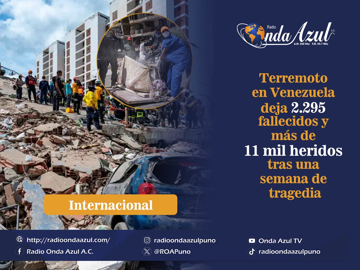 ROApuno's tweet photo. 🔵🟡 #Internacional | El doble terremoto que sacudió Venezuela dejó hasta el momento 2.295 fallecidos, 11.267 heridos y más de 12 mil damnificados. Autoridades mantienen operativos de rescate y ayuda humanitaria, mientras continúan evaluando los daños en las zonas afectadas. https://t.co/kFkUspFtNI