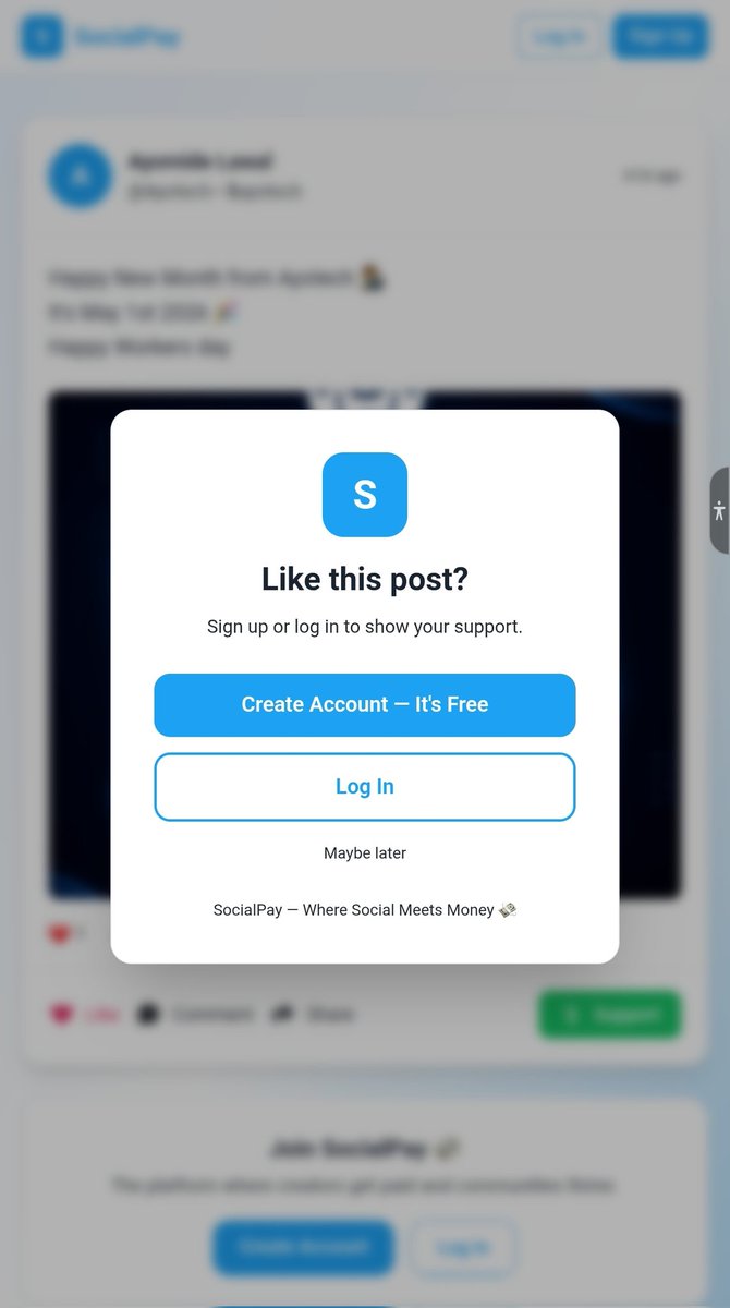 0fficialAY's tweet photo. Ships a major milestone for #SocialPay today. 🚀 
Posts are now publicly viewable &amp; fully shareable (WhatsApp/Twitter ready).  #Ayotech
Built a "soft paywall"  show content, blur on interaction, convert guests. 
Still building, but the vision is coming together. https://t.co/brEBWRR66I