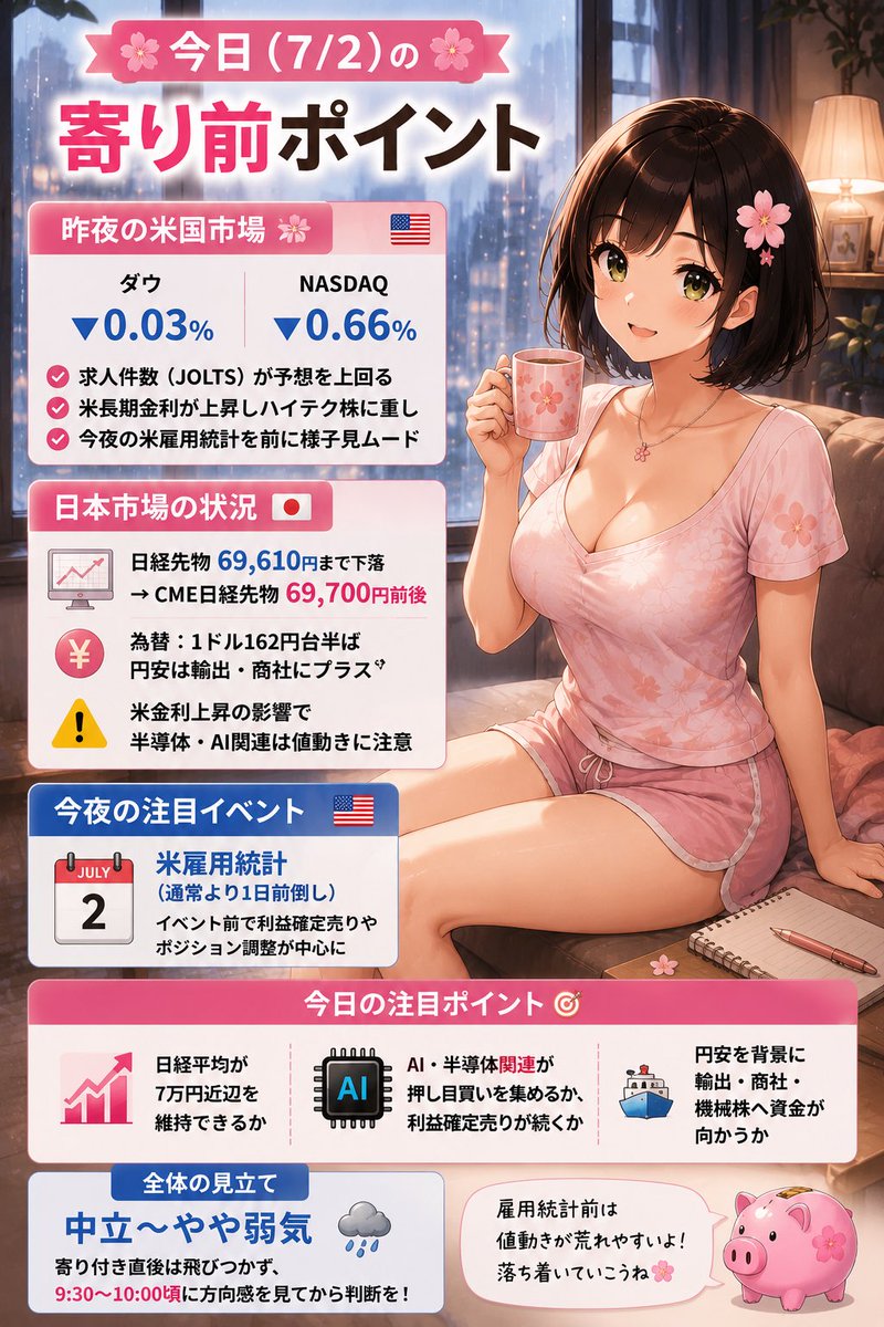 kabuko0429's tweet photo. 【7/2寄り前ポイント】

おはようございます☕️

米国市場は小幅安📉

JOLTSが予想を上回り、金利上昇でハイテク株は軟調でした。

今日は米雇用統計を控え、様子見ムードも

注目は7万円付近を維持できるかとAI・半導体の値動き。

焦らず寄り後の流れを確認していきましょう🌸

#日経平均 #投資初心者 https://t.co/xQ4bTVkzsh