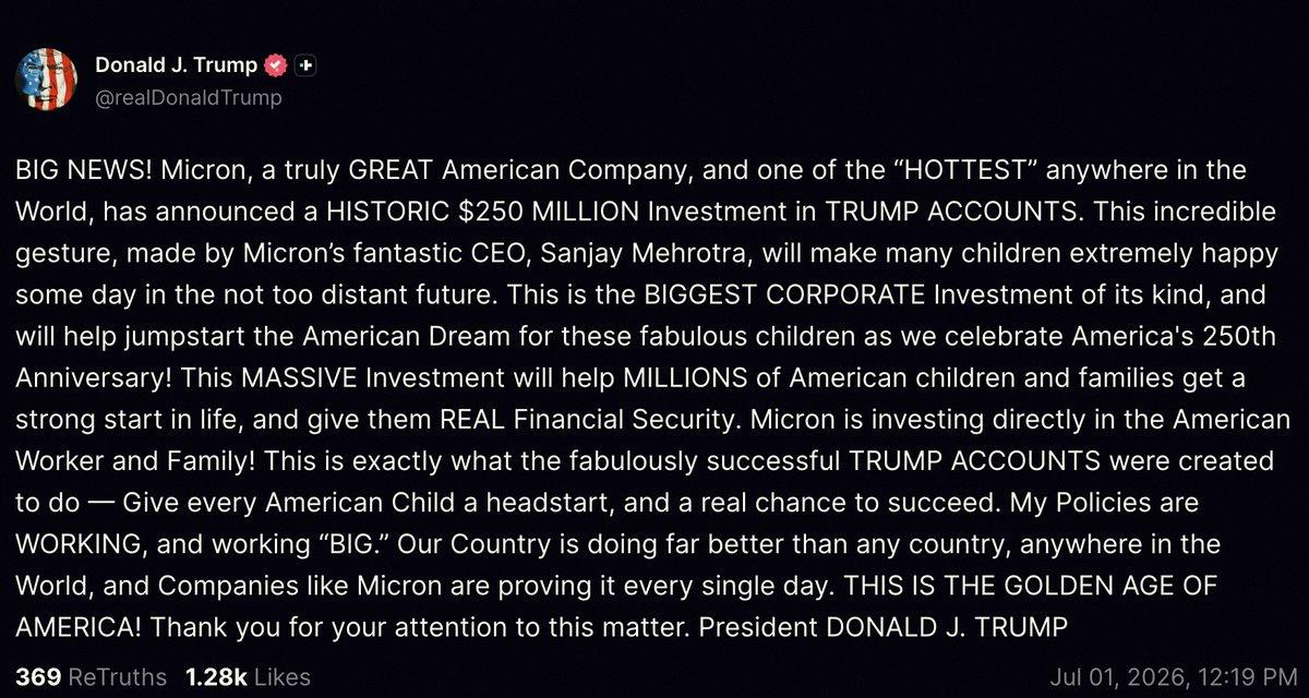 AndrewRommes's tweet photo. Big news: Trump just announced Micron ($MU) is putting $250 million into Trump Accounts 💰 https://t.co/BnPm04I6Cy
