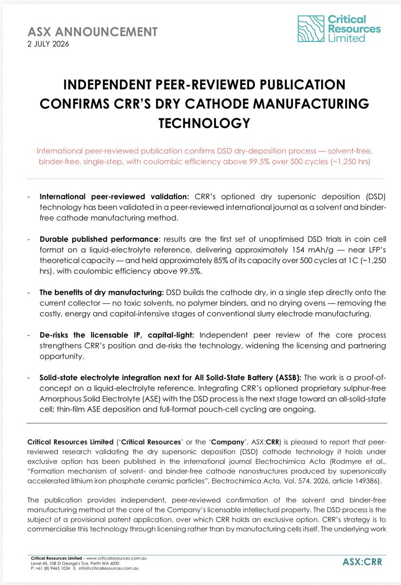 Stocksurfer_asx's tweet photo. $CRR 🔥🔥
#Critical_Resources news…
Independent peer reviewed study confirms their dry cathode tech (#DSD).
Solvent free and binder free process.
Strong battery performance.
De risks their IP for licensing. https://t.co/c2Xf8ackHS