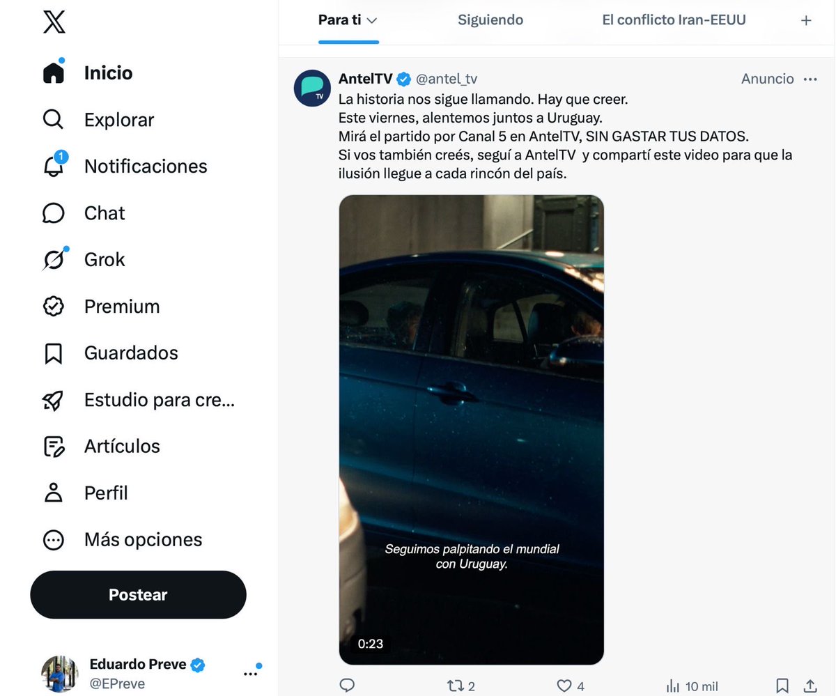 EPreve's tweet photo. 💸 ¿Y ESTO?

✔️Andan bien los de @AntelDeTodos 

✔️ El lunes me apareció en X una publicidad del partido de España-Uruguay (jugado el viernes pasado) y recién otra en instagram de la sexta final entre Peñarol-Aguada (la semana pasada) https://t.co/z5c9c27Vv7
