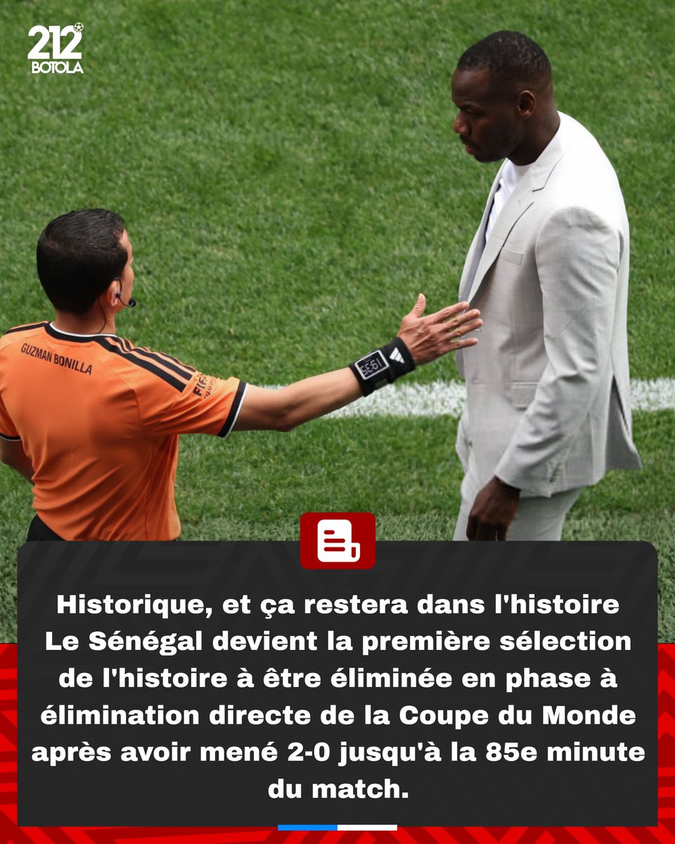 Tactiko212's tweet photo. @JoueursSN Historique, et ça restera dans l'histoire ! 🤯📚
Le Sénégal devient la première sélection de l'histoire à être éliminée en phase à élimination directe de la Coupe du Monde après avoir mené 2-0 jusqu'à la 85e minute du match. 🇸🇳💔 https://t.co/sDtzyqCI7v
