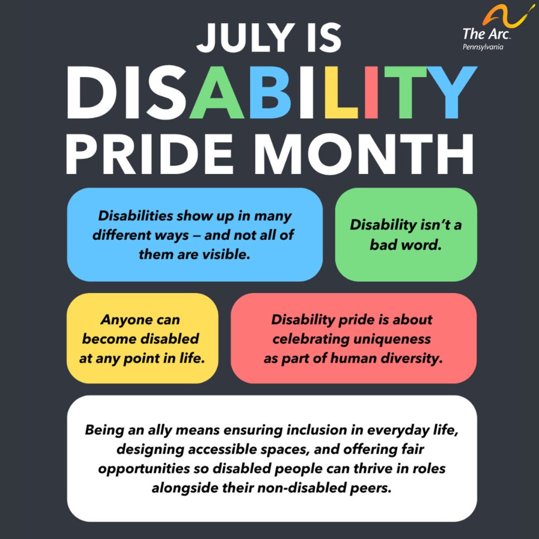 TheArcPA's tweet photo. July is Disability Pride Month! July was chosen to commemorate the signing of the Americans with Disabilities Act (ADA) on July 26, 1990. It’s a time to celebrate strength, diversity, &amp; experiences of people with disabilities, plus raise awareness of disability rights and issues. https://t.co/mRRiViwuRq