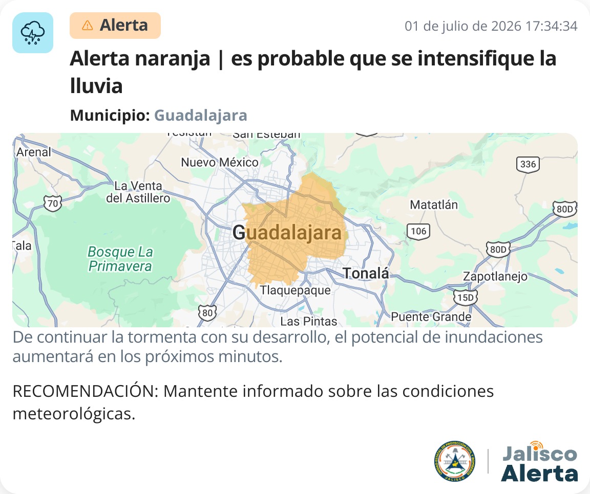 PCJalisco's tweet photo. ⚠️ Alerta naranja por lluvia en Guadalajara

De acuerdo con la información de Jalisco Alerta, se mantiene una Alerta naranja para el municipio de Guadalajara, debido a que la lluvia podría intensificarse durante los próximos minutos.

Ante el desarrollo de la tormenta, aumenta el potencial de inundaciones, por lo que se recomienda mantenerse informado sobre las condiciones meteorológicas y atender las indicaciones de las autoridades.

🌧️ Evita cruzar calles, arroyos o zonas con acumulación de agua.
📲 Mantente atento y consulta la aplicación Jalisco Alerta para recibir información y actualizaciones oportunas.