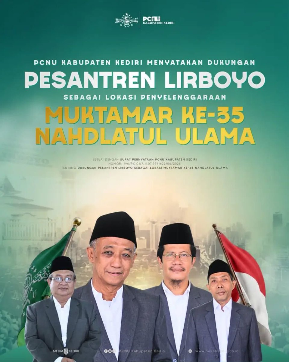 amrudinnejad_'s tweet photo. Bismillah. PCNU Kabupaten Kediri dengan sepenuh hati mendukung Pondok Pesantren Lirboyo sebagai tuan rumah Muktamar NU
ke-35.

Pesantren Lirboyo tidak hanya memiliki fasilitas yang siap menampung puluhan ribu warga Nahdliyin, tetapi juga syarat akan sejarah dan nilai spiritual. Bersama Lirboyo, Muktamar NU ke-35 siap menjadi pusat kemaslahatan umat. #PCNUkabKediri #muktamar #lirboyo
#NahdlatulUlama