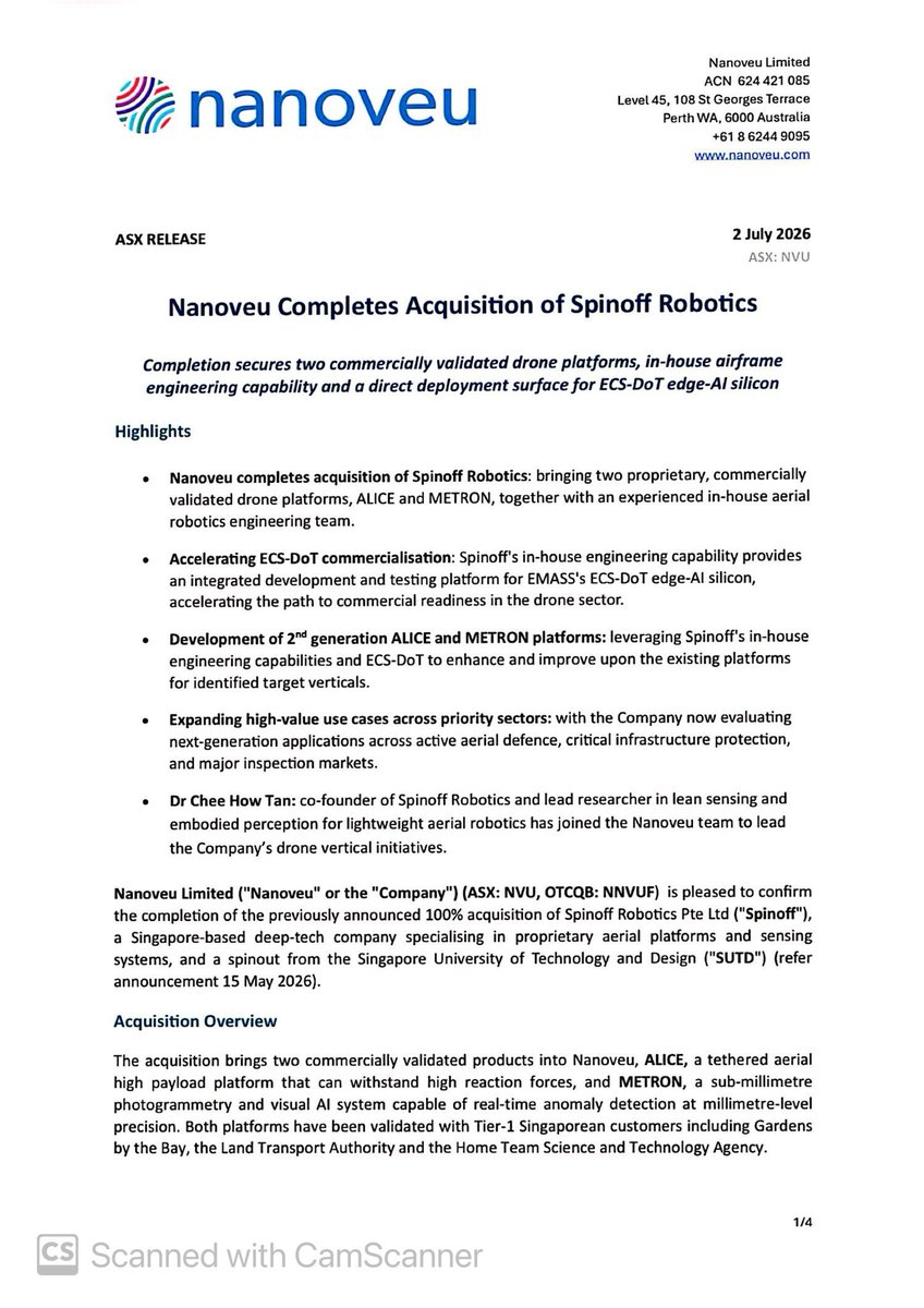 SalvadorMaurice's tweet photo. $NVU
Nanoveu Completes #Acquisition of #Spinoff #Robotics
Completion secures two commercially validated drone platforms, in-house airframe engineering capability and a direct deployment surface for #ECS-#DoT edge-Al silicon
Accelerating #ECS-#DoT commercialisation: Spinoff's in-house engineering capability provides an integrated development and testing platform for #EMASS's #ECS-DoT edge-Al silicon, accelerating the path to commercial readiness in the drone sector…