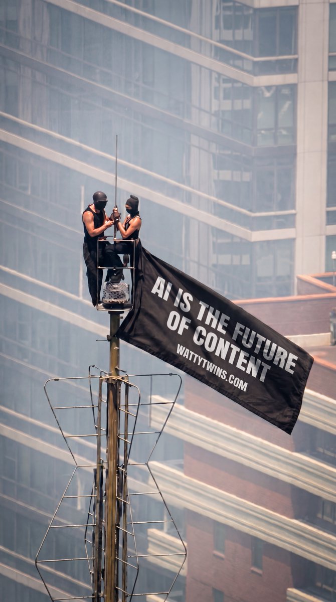 nwattys's tweet photo. 🚨 someone just climbed to the TOP of the Empire State Building to hang a flag that says 'AI is the future of content!!! https://t.co/h1Aug0pnKl