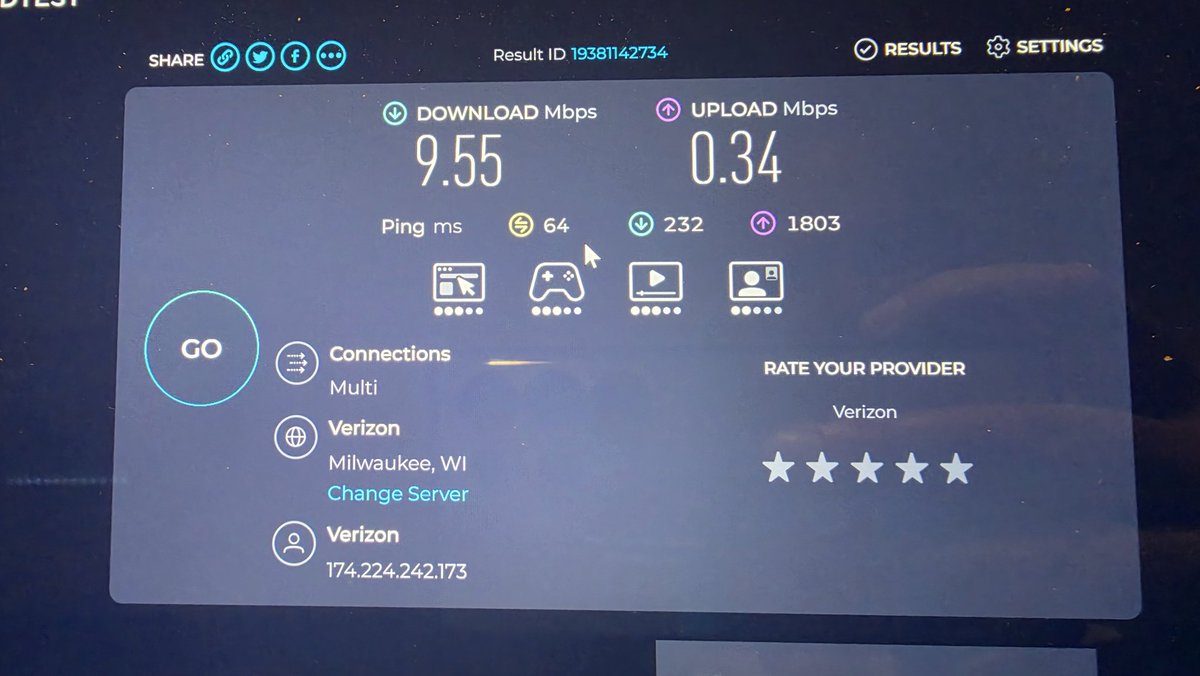 Chemswede's tweet photo. I'm old enough to remember when @Verizon was the carrier to have when you are camping. It would seem those days are long gone. This is my brand new S26 Ultra at the campground. 0.34Mbs upload. 
For comparison, my work phone on @ATT is 24x faster with 8.0Mbs. 
What a shame. https://t.co/hxhs4Bqu0l