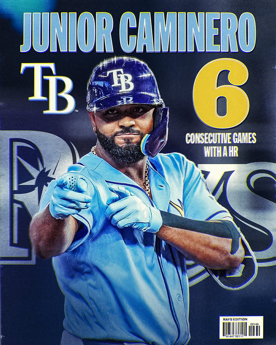 MLB's tweet photo. Junior Caminero matches the Rays franchise record by homering in a SIXTH straight game! https://t.co/9qGeXUGXcE