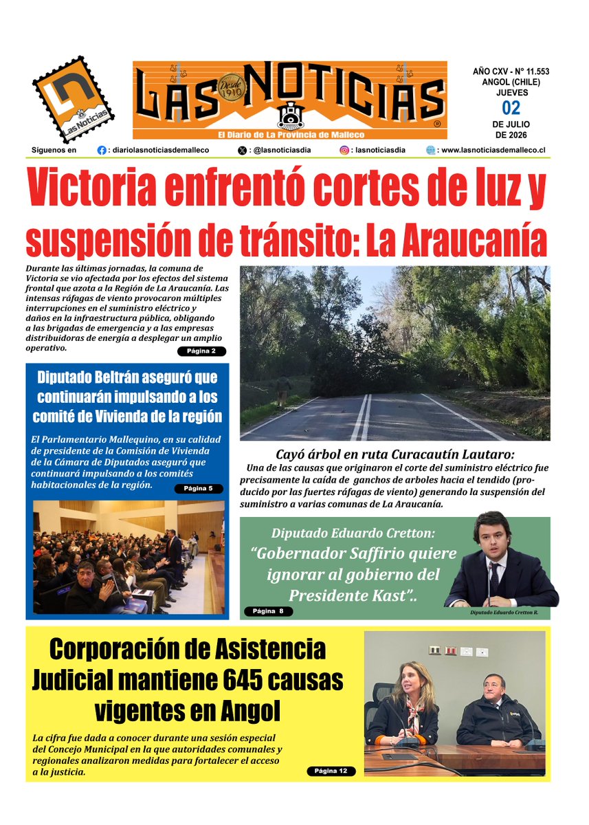 lasnoticiasdia's tweet photo. https://t.co/HrsNCWB1st
#PrimeraPágina
02/07/26
#LaVerdadPrimero
#Malleco
#LaAraucanía
#chile #laaraucania #malleco #macrozonasur #sur #macrozona #angol #collipulli #curacautin #ercilla #lonquimay #lossauces #lumaco #puren #renaico #traiguen #victoria https://t.co/u5781OlurJ