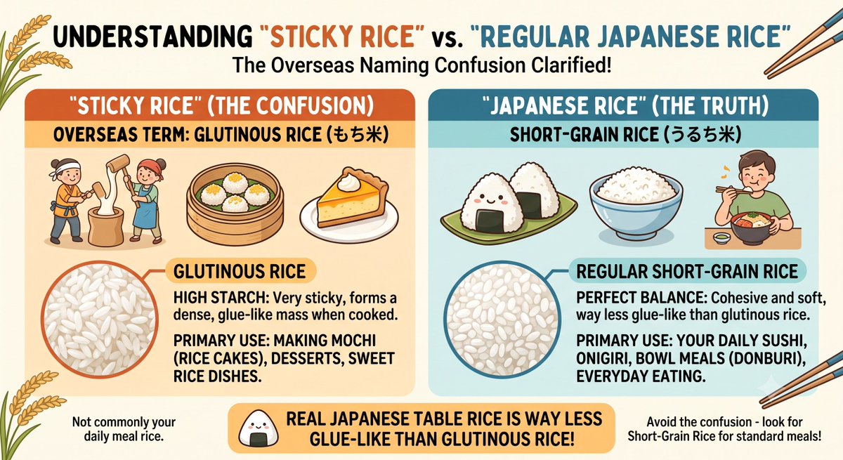 ricetimerapp's tweet photo. Quick fact: "Sticky Rice" overseas = glutinous rice (もち米), not regular Japanese rice (うるち米)! Real Japanese table rice is short-grain but way less glue-like. The naming confusion is real 🍙

#rice #japanesefood https://t.co/Axf6w8Dqzz