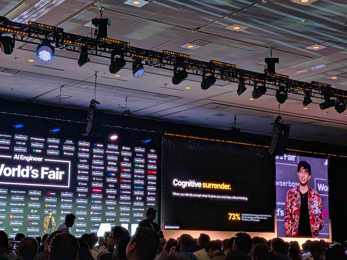 swaroopch's tweet photo. The voice of reason @addyosmani talking about delegating work, not understanding.
#aiewf @aiDotEngineer #software_factory https://t.co/JOODaS515V
