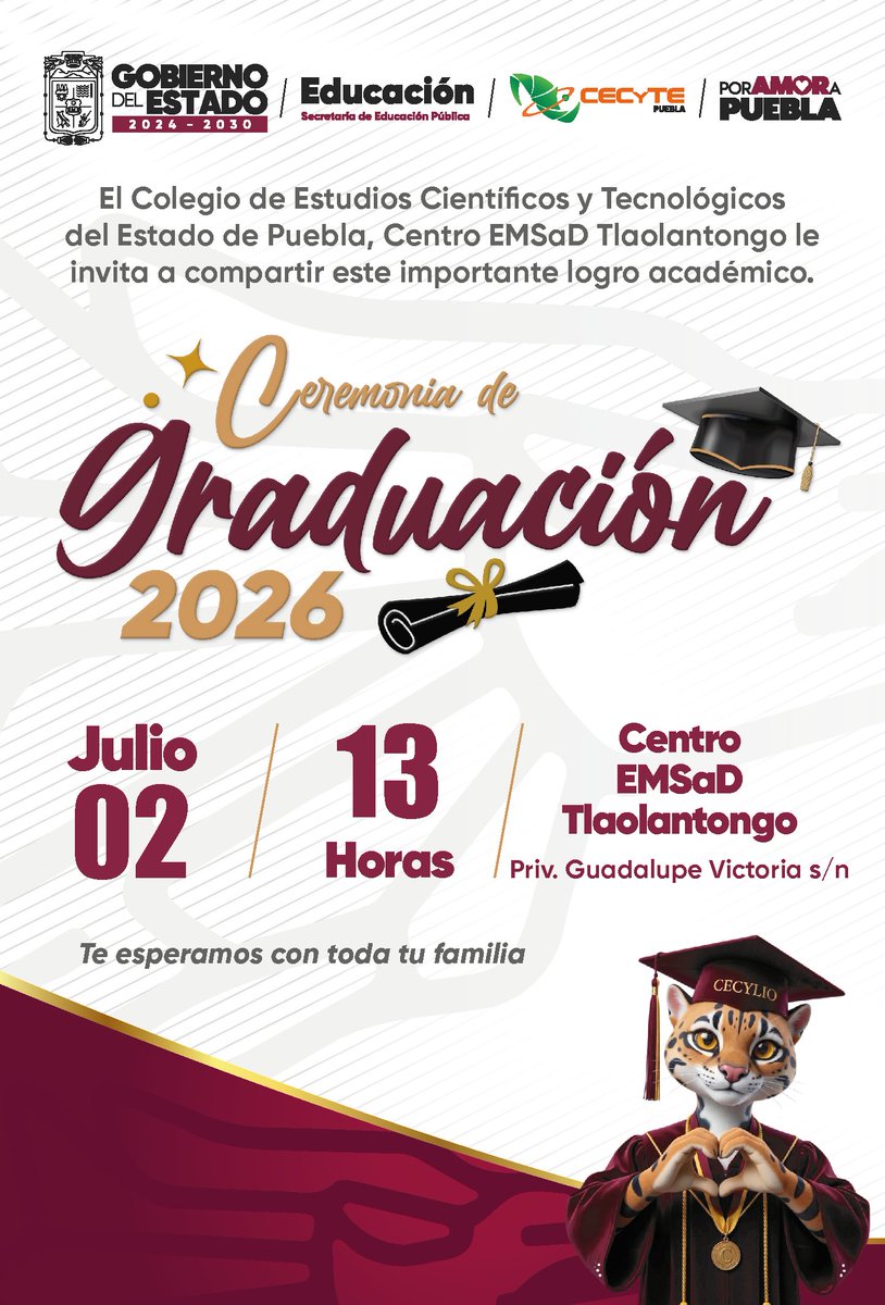 EMSADTL's tweet photo. 🎓✨ ¡Ha llegado el momento de celebrar un gran logro! ✨🎓
El Centro EMSaD Tlaolantongo se complace en invitar a toda la comunidad educativa, familiares y amigos a presenciar la Ceremonia de Graduación de la Generación 2023–2026. 🎉📚
#PorAmorAPuebla #CECyTEPuebla #HazloEnGrande https://t.co/gYZoPRu06C