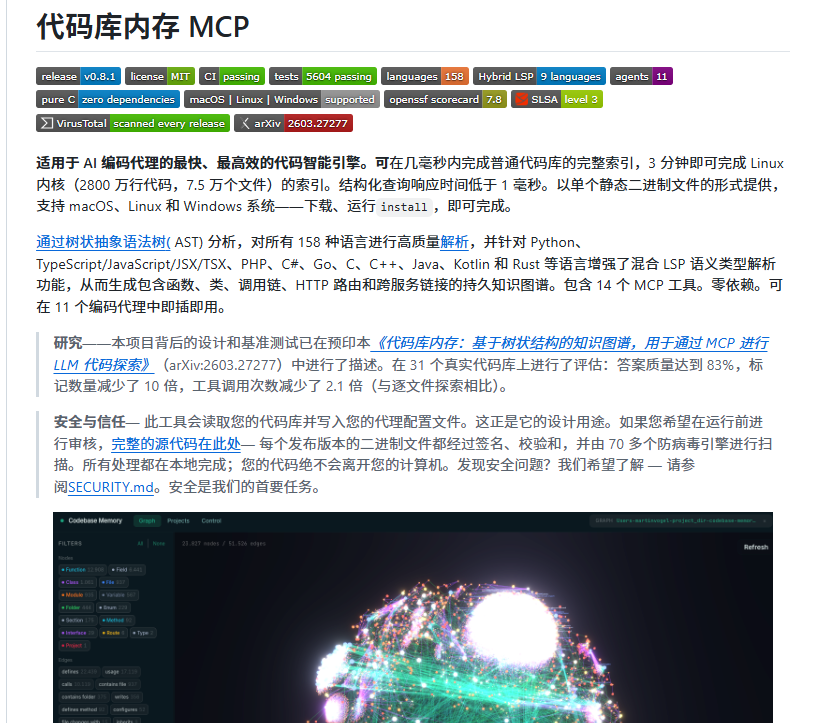 XAMTO_AI's tweet photo. 当下AI编程Agent最头疼的问题之一，就是它对你的代码库几乎毫无记忆可言。

每次提问，要么从头到尾重新扫描一遍文件，要么靠向量检索拼凑上下文，Token消耗如流水，结果还不一定精准。codebase-memory-mcp 正是冲着这个痛点来的——给AI装上一套真正持久的代码记忆系统。

这个由DeusData开发的开源项目，将整个代码库索引成一个持久化的知识图谱。它原生支持多达158种编程语言，能够精准提取函数、类定义及调用关系，并通过14个MCP工具将这些结构化信息高效暴露给AI Agent调用。

性能表现亮眼：平均规模的仓库可在毫秒级完成索引，查询响应时间低于亚毫秒级。在代码探索阶段，Token消耗能锐减至原先的二十分之一，大幅降低使用成本。

如果你正使用Claude Code或Cursor处理大型代码库，这个MCP服务器绝对值得一试。

🔗：https://t.co/Y7o3pKZT2N