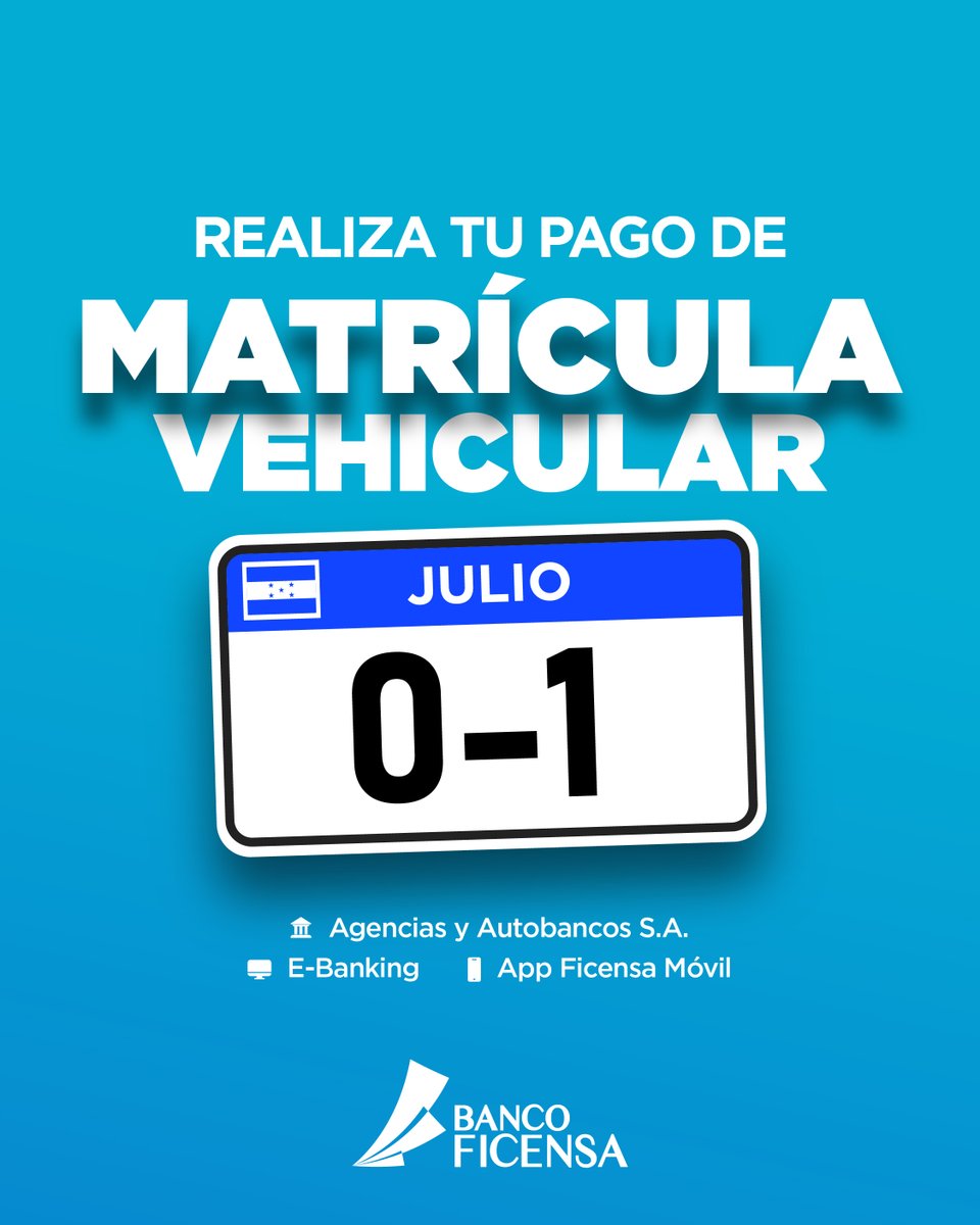 ficensa_hn's tweet photo. 🚗 ¿Tu placa termina en 0 o 1?​

Este julio es tu turno de pagar la matrícula vehicular.​

Hazlo fácil y seguro con #BancoFicensa desde:​

✅ Cajas o Autobanco​
✅ E-Banking​
✅ Ficensa Móvil https://t.co/ylVkrw2b07