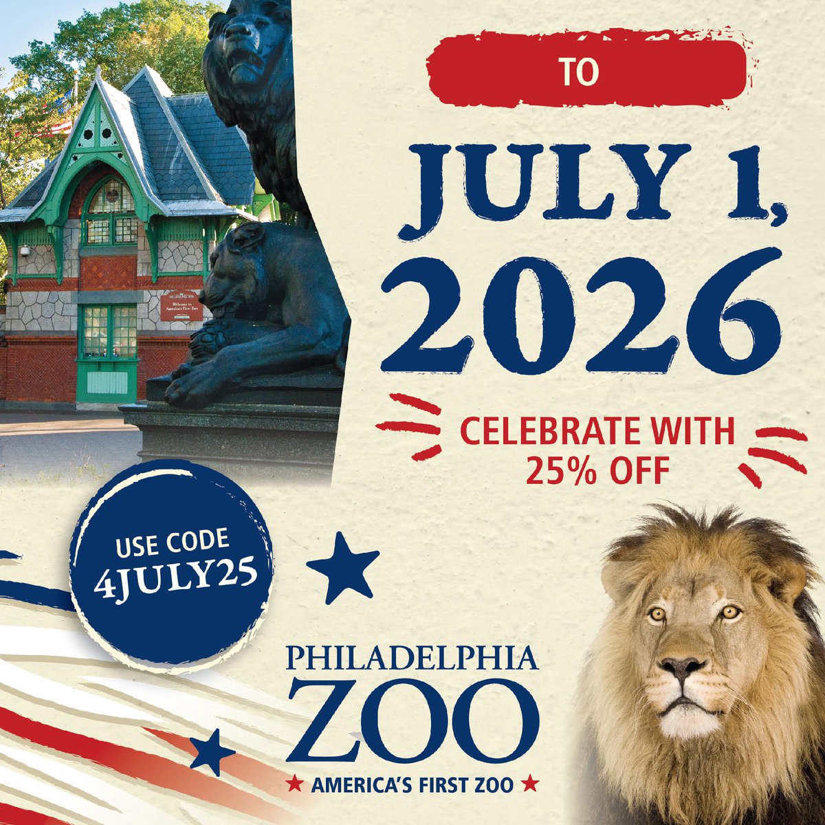 phillyzoo's tweet photo. Happy birthday to us!! 🥳

153 years ago today, Philadelphia Zoo opened its gates for the very first time. Since then, we've welcomed nearly 100 million guests!

Celebrate with us by saving 25% on visits July 1–5 using code 4JULY25 ✨

🎟️ https://t.co/J5wFeLIKO3 https://t.co/MfTbleRcax