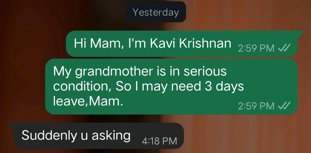 ltz_Krish's tweet photo. My grandma was in critical condition, so I asked for 3 days leave. My manager replied, "Suddenly u asking?"

And She passed away just now.

Some people truly lack basic empathy🙏🏻🙏🏻🙏🏻 https://t.co/lrJhcZaF6Y