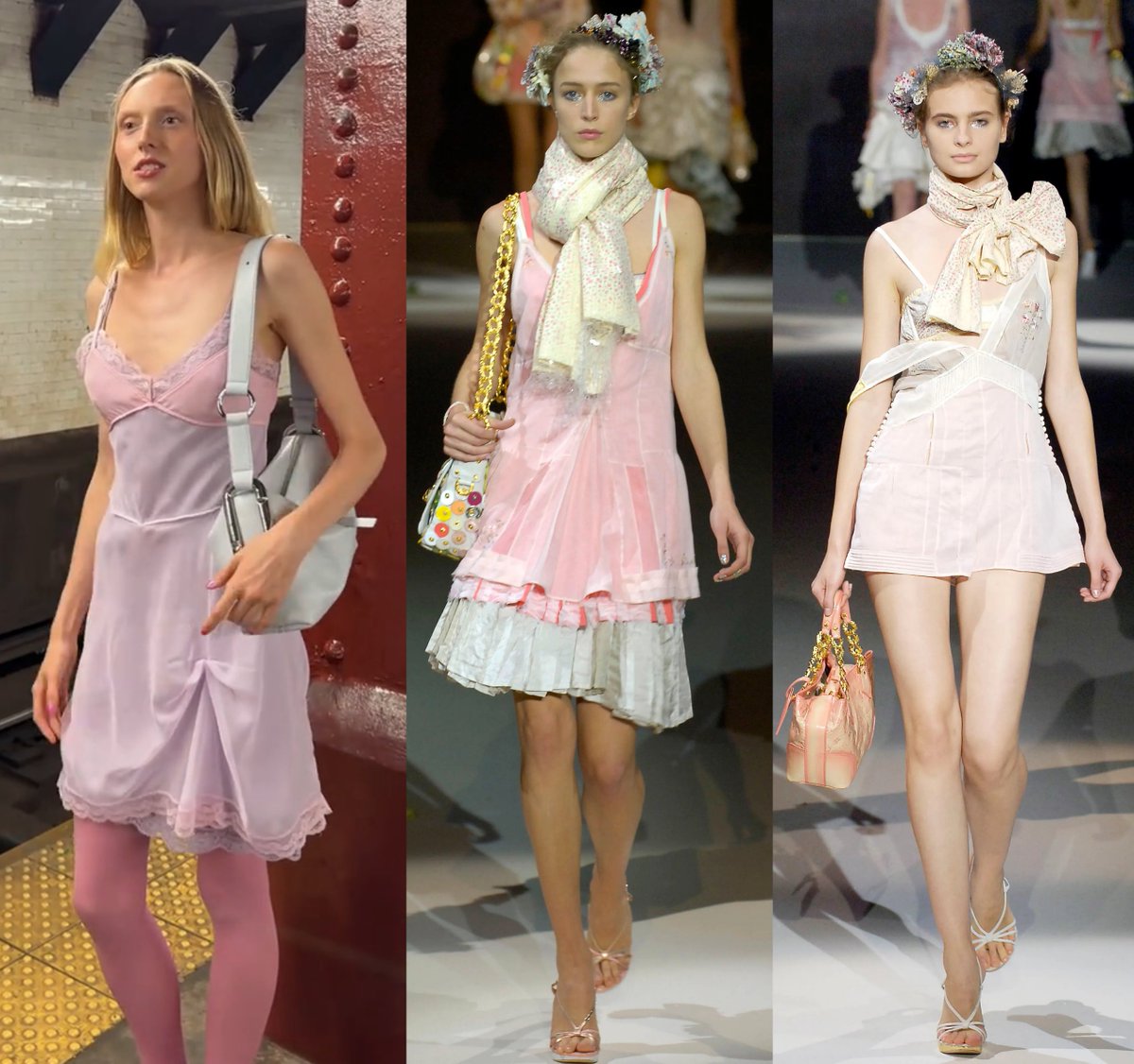 itsbleekerxox's tweet photo. Julia Fox at the Marc Jacobs SS27 show wearing SS26/PF26 double slip dress that references his double slip dresses of Luis Vuitton SS07.

She &amp; Briana Andalore even styled it like the off the shoulder double slip from the same collection. Hair &amp; makeup are her own. https://t.co/PD6eUeEiWx