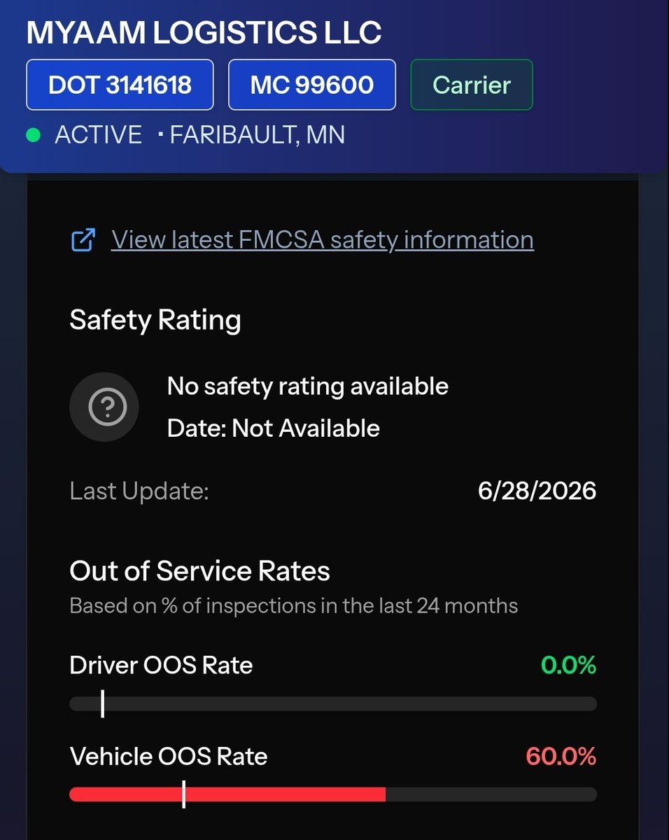 DisrespectedThe's tweet photo. Somali owned trucking company in Minnesota MYAAM Logistics physical and mailing address is located in a storage facility. Their trucks have a 60% out of service rate and their insurance has a pending cancelation for July 2nd 2026. 

This company needs to be investigated by Immigration enforcement and the Department of Transportation.