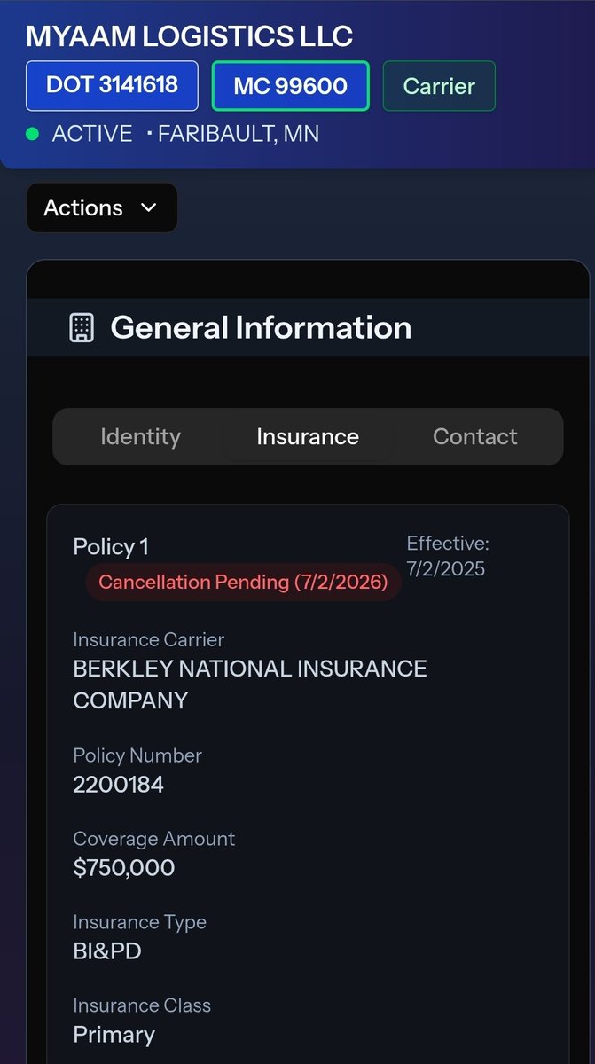 DisrespectedThe's tweet photo. Somali owned trucking company in Minnesota MYAAM Logistics physical and mailing address is located in a storage facility. Their trucks have a 60% out of service rate and their insurance has a pending cancelation for July 2nd 2026. 

This company needs to be investigated by Immigration enforcement and the Department of Transportation.