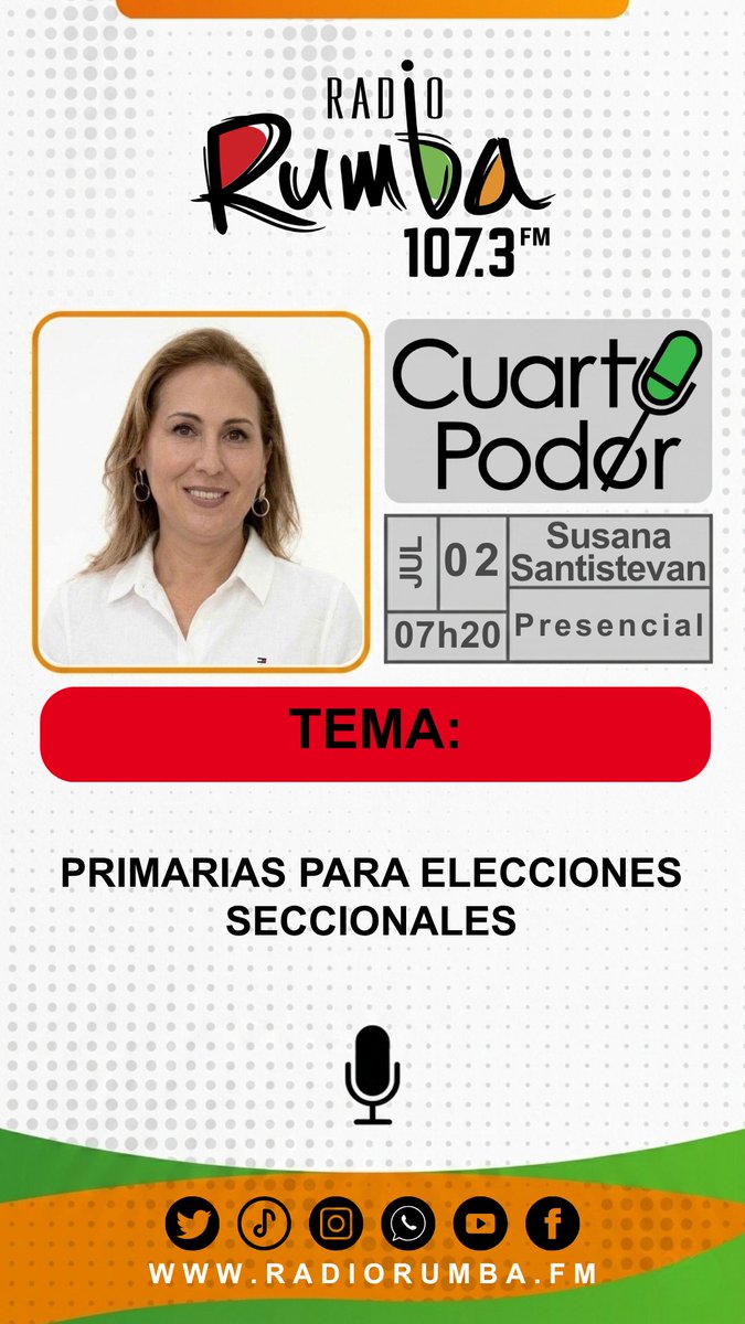RadioRumbaEc's tweet photo. 🔴Mañana en #CUARTOPODER: Susana Santistevan (@SusySantistevan), Directora cantonal del movimiento CREO en Guayaquil (@CREOEcuador), con el tema: "Primarias para Elecciones Seccionales"
🕕07h20 | 107.3 FM #RadioRumba
#CREO #EleccionesSeccionales #Guayaquil #PoliticaEcuatoriana https://t.co/lilIcz3l7l