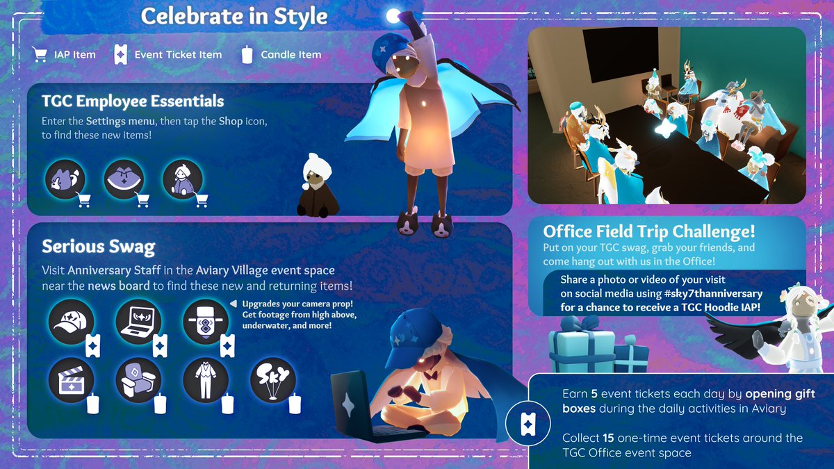 thatskygame's tweet photo. It's time to celebrate Sky's 7th Anniversary! 🎂

Explore rotating daily activities, meet TGC staff Sky Kids in the Office, and celebrate creativity at the Sky Creator Awards!

🎁 Office Field Trip Challenge: Put on your TGC swag, grab a friend, and hang with us in the Office! Share a photo or video of your visit using #sky7thanniversary for a chance to receive a TGC Hoodie in-game item.

Thank you for flying with us, Sky Kids. Here's to 7 years! 🩵