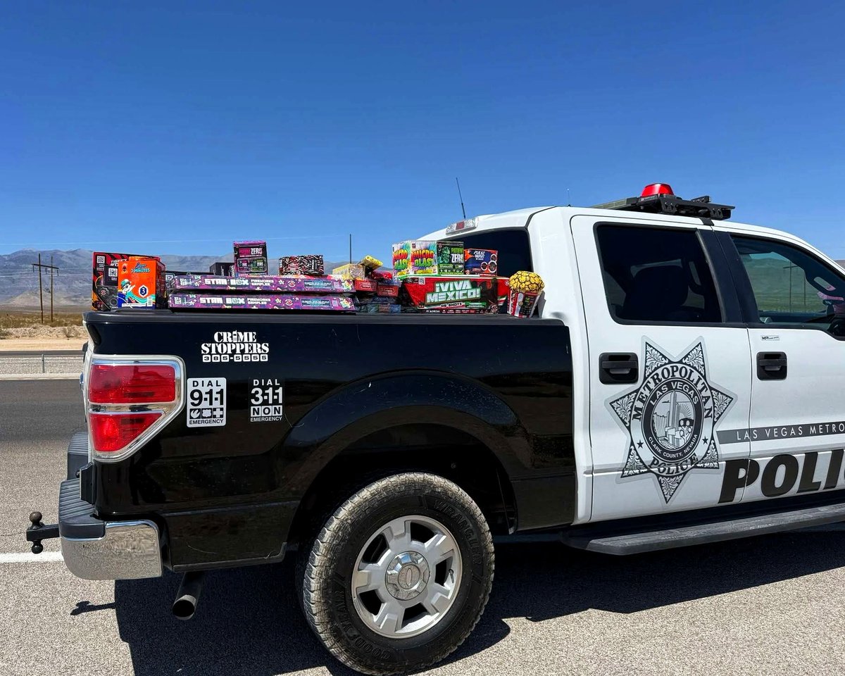 LasVegasLocally's tweet photo. LVMPD has confiscated more than 10 tons of illegal fireworks this year — roughly the weight of two adult elephants.

The crackdown continues through July 4th weekend, with extra patrols for First Friday, the Strip, and "neighborhood events" across the valley. https://t.co/PLjYYXVply