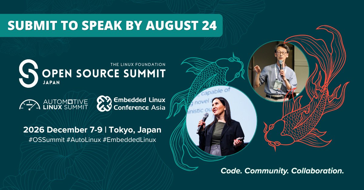 linuxfoundation's tweet photo. ๐ก Do you have a talk idea on your mind? Submit it! The CFP for #OSSummit Japan + #AutoLinux + #EmbeddedLinux Asia is open through August 24. We're looking for talks on Linux, AI & ML, Cloud & Orchestration, Safety-Critical Software, Zephyr & more. โก๏ธ https://t.co/Mo5dyj39v9 https://t.co/pEr9447qFq