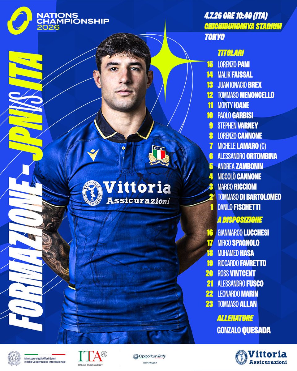 Federugby's tweet photo. A Tokyo prende il via il #NationsChampionship degli #Azzurri: Gonzalo #Quesada ha definito la formazione per la sfida al Giappone👉

#JPNvITA 🇯🇵🇮🇹
📆 Sabato 4 luglio
⏰10:40 (ITA)
🏟️ Chichibunomiya Stadium, Tokyo
📺 @SkySport - @TV8it 

#italrugby
#insieme #rugbypassioneitaliana https://t.co/1Ixg7pCudA