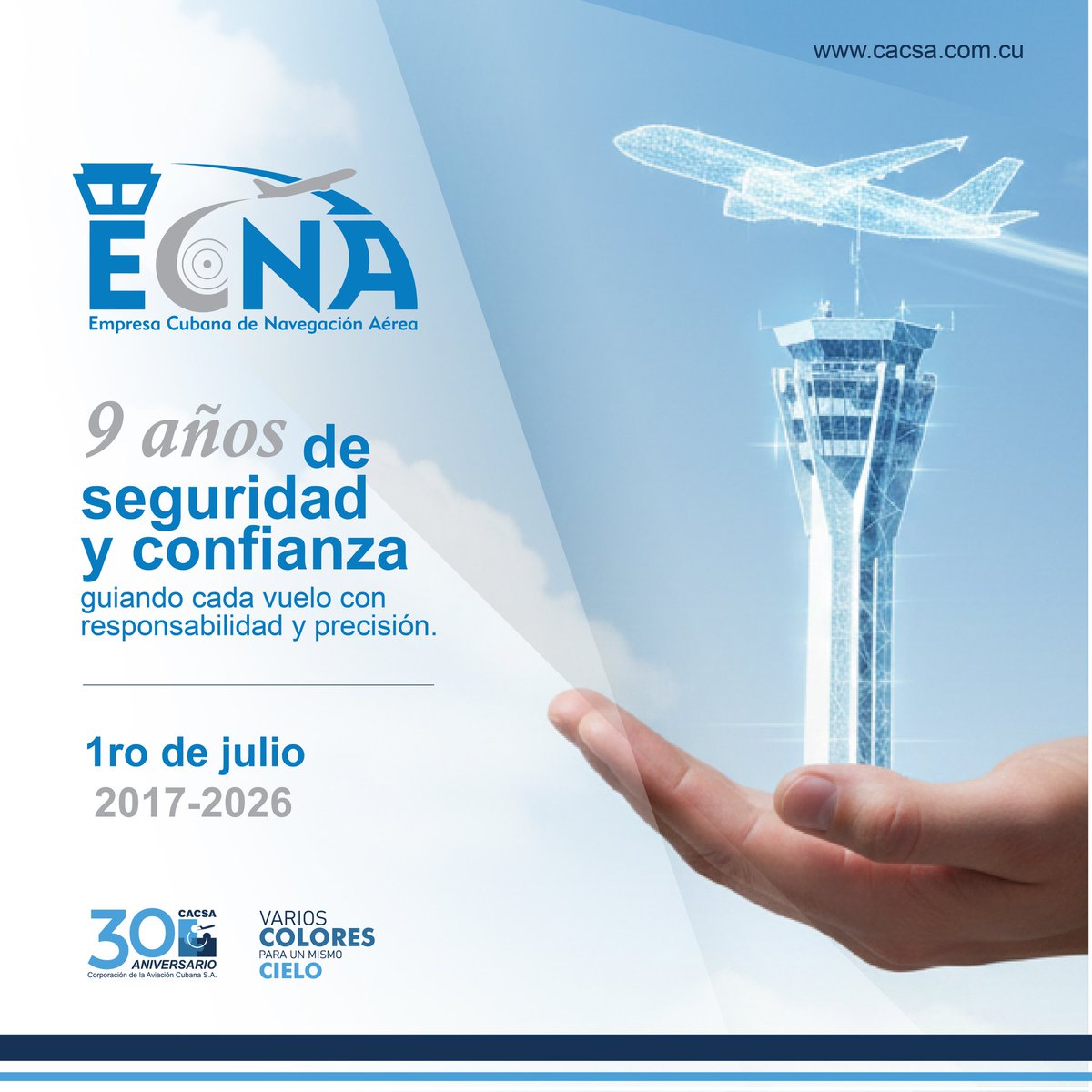 LaCACSA's tweet photo. ✈️ | Hoy celebramos con orgullo el 9no aniversario de ECNA, empresa creada el 1.º de julio de 2017, cuya labor ha sido esencial para garantizar la seguridad y eficiencia de la navegación aérea en nuestro país. 
#AviaciónCubana #Cuba https://t.co/7swiBz1Lnf
