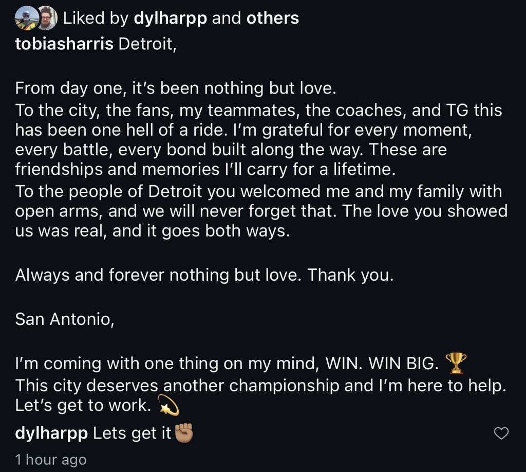 WembyAlienEra's tweet photo. Tobias Harris’ message to Spurs fans via IG:

“San Antonio,

I’m coming with one thing on my mind, WIN. WIN BIG. 🏆

This city deserves another championship and I’m here to help.

Let’s get to work. 💫”

Dylan Harper approves 👏

#GoSpursGo #PorVida https://t.co/uTVewmTfY0