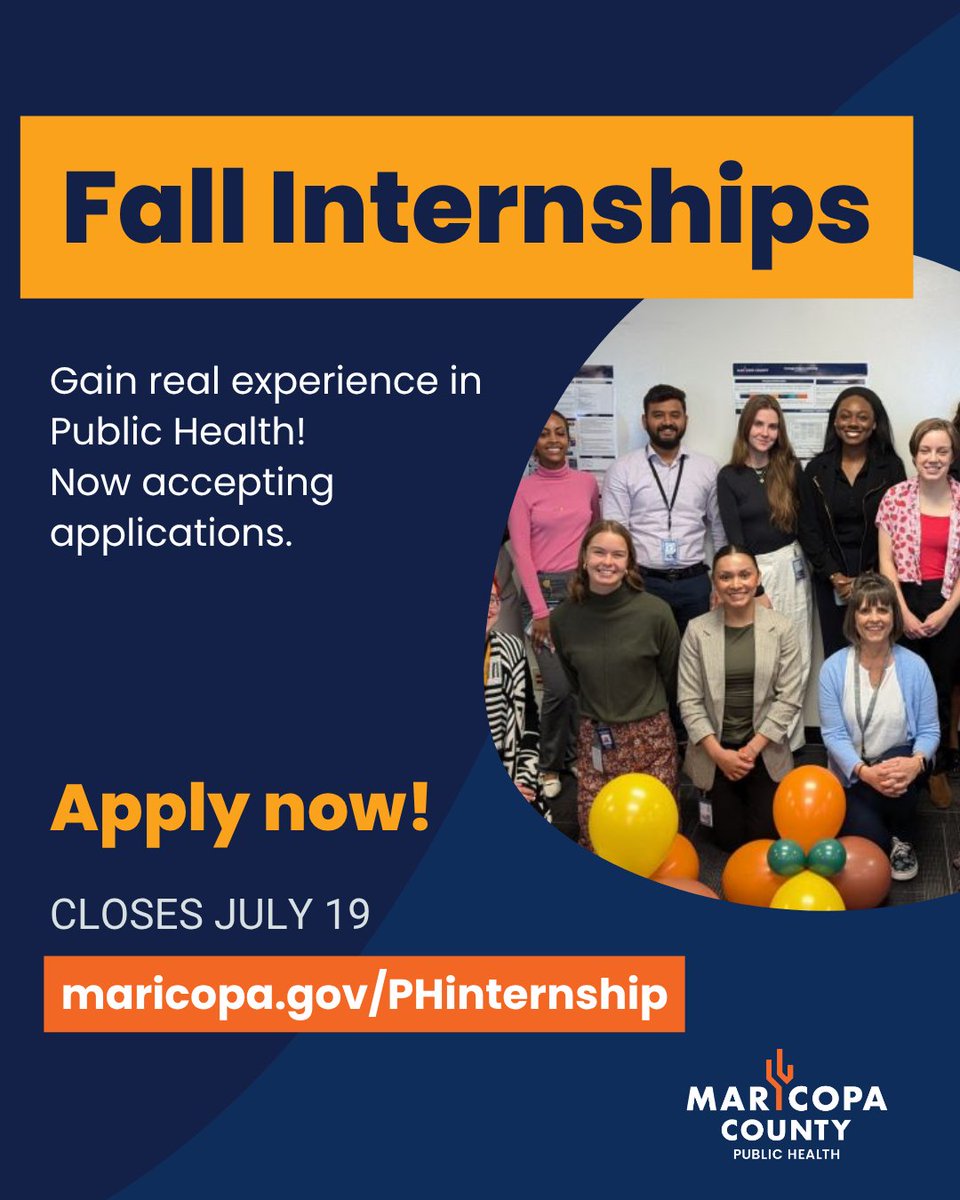 Maricopahealth's tweet photo. 📢Now hiring Public Health interns for Fall 2026!
These internship opportunities allow students to gain hands-on public health experience and contribute to building a healthier community.

Deadline: July 19
Apply at: https://t.co/4G8ncBliYi https://t.co/7qRk6pJBuR