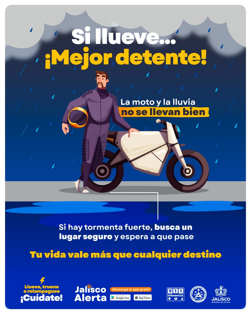 PCJalisco's tweet photo. 🏍️ Si llueve... ¡mejor detente!  Cuando conduces una motocicleta, la lluvia puede reducir la visibilidad, disminuir la adherencia de las llantas y aumentar el riesgo de derrapes o accidentes.
 Ningún destino es más importante que tu seguridad.  Si durante tu trayecto comienza una tormenta fuerte, evita seguir avanzando. 

Busca un lugar seguro, resguárdate y espera a que las condiciones mejoren antes de continuar tu camino.  

Recuerda que el pavimento mojado, los encharcamientos y los fuertes vientos pueden hacer que conducir sea mucho más peligroso.