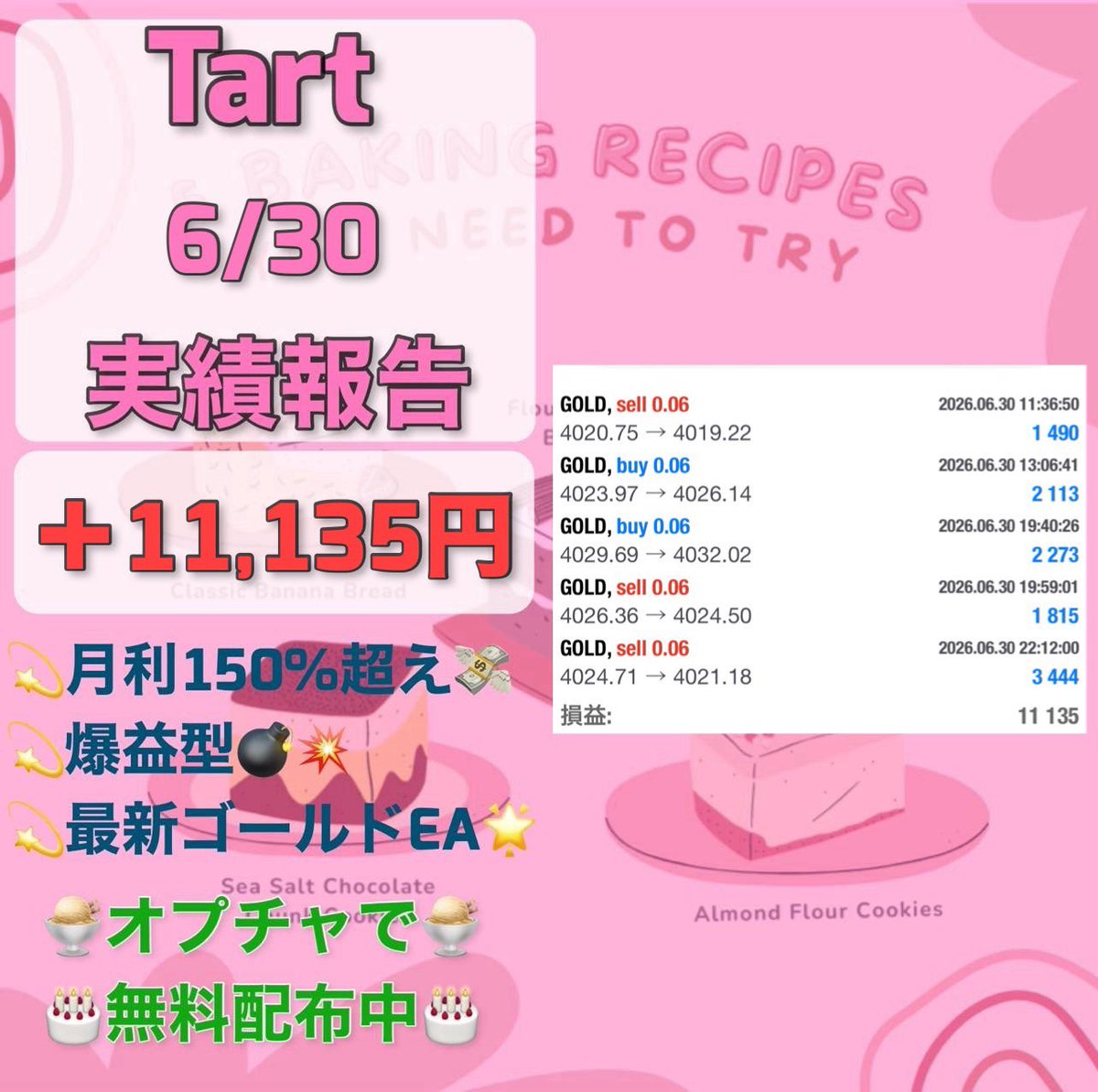 Eclairfxea's tweet photo. 6月30日収支

FX自動売買
🍰Tart🍰
＋11,135円(日利1.1%)

🧁爆益型
✅厳選エントリー即利確
✅東京時間だけで高利益
想定月利150%

無料EA受取オプチャ👇
https://t.co/3hrCiCDPbz
ad 日経 円安 金利 投資 https://t.co/gPA4okfk84