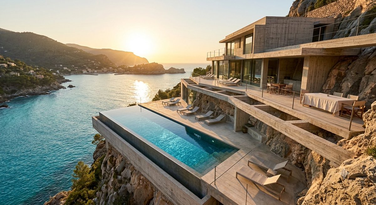 iluxuryvillas's tweet photo. Great architecture doesn’t disrupt nature; it frame it.We source properties where raw concrete, local stone, and glass dissolve the boundary between indoor and the Mediterranean horizon.When design mimics the landscape, luxury becomes effortless. Architecture of escape. https://t.co/F9fauJYwnP