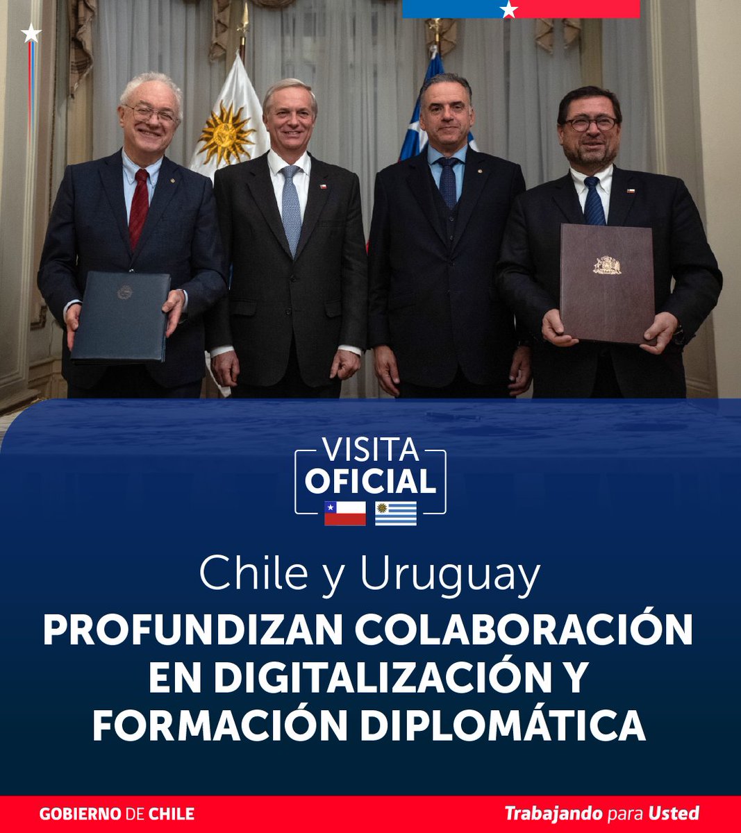 Minrel_Chile's tweet photo. 🇨🇱🤝🇺🇾 Chile y Uruguay colaboran por un mejor futuro.

Durante la visita oficial del Presidente Kast a Uruguay, ambos países suscribieron acuerdos para profundizar la cooperación en formación diplomática y la digitalización para facilitar el comercio electrónico. https://t.co/YXsgXS3310
