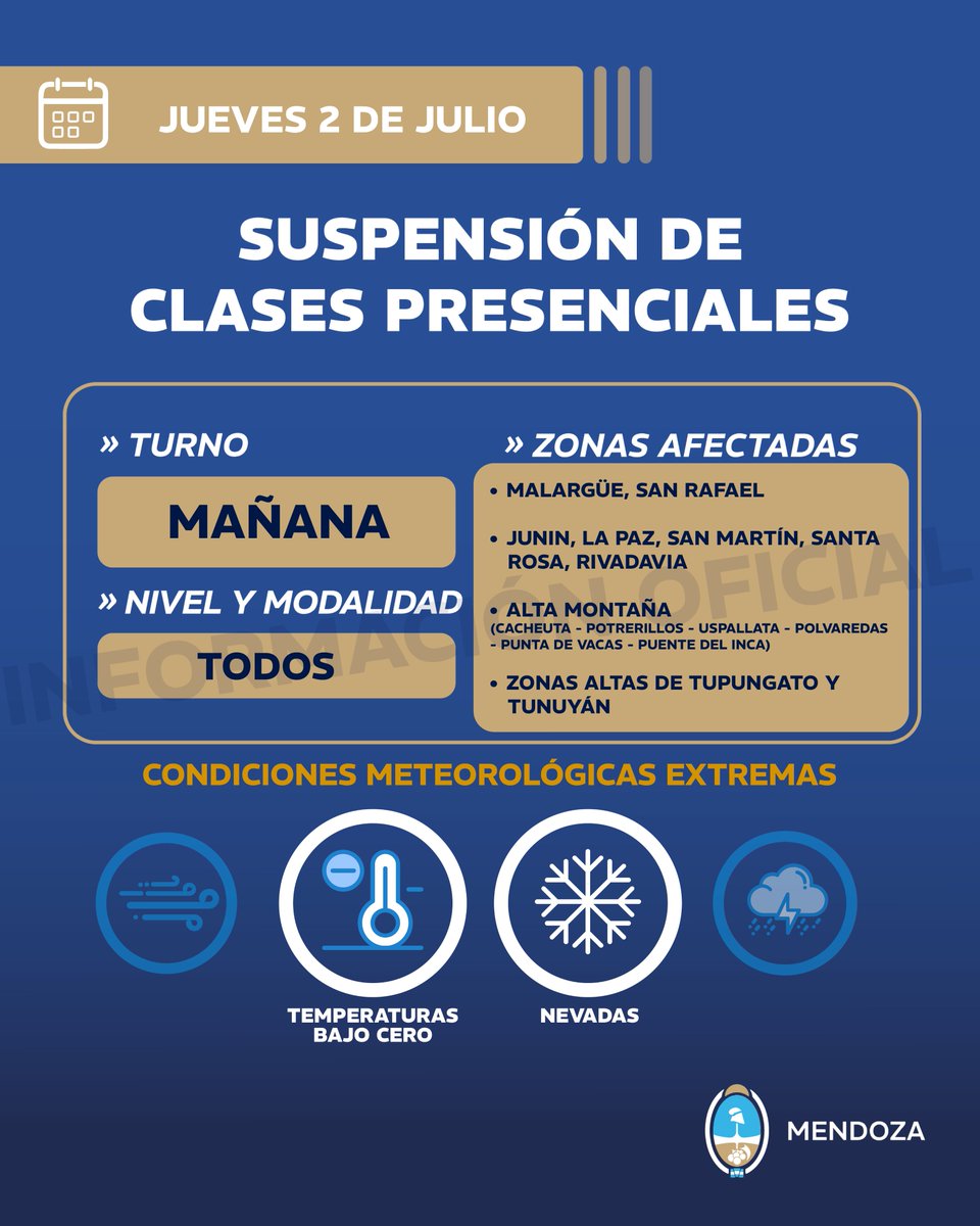 MzaDGE's tweet photo. ⚠️ Jueves 2 de julio - Turno Mañana

Debido a condiciones meteorológicas extremas, se suspenden las clases presenciales en todos los niveles y modalidades en:

✅ San Rafael, Malargüe
✅ Zona Este
✅ Alta montaña
✅ Zonas altas de Tupungato y Tunuyán

🔗: https://t.co/soJsJ1NTSj https://t.co/Qi58ehXgU5