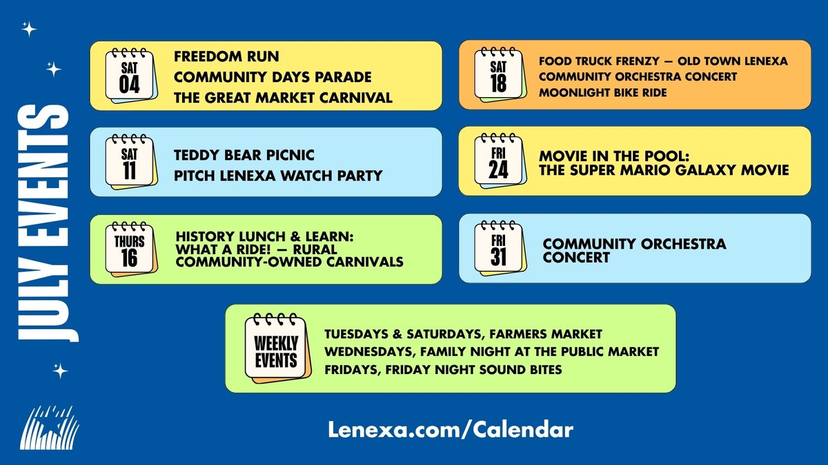 cityoflenexa's tweet photo. It's officially July! From Teddy Bear Picnic and Food Truck Frenzy — Old Town to Moonlight Bike Ride and Movie in the Pool, there are events happening every weekend in Lenexa. 

View 2026 details for each event listed at https://t.co/heRyYpRjvA. https://t.co/lzI1ItXrBU
