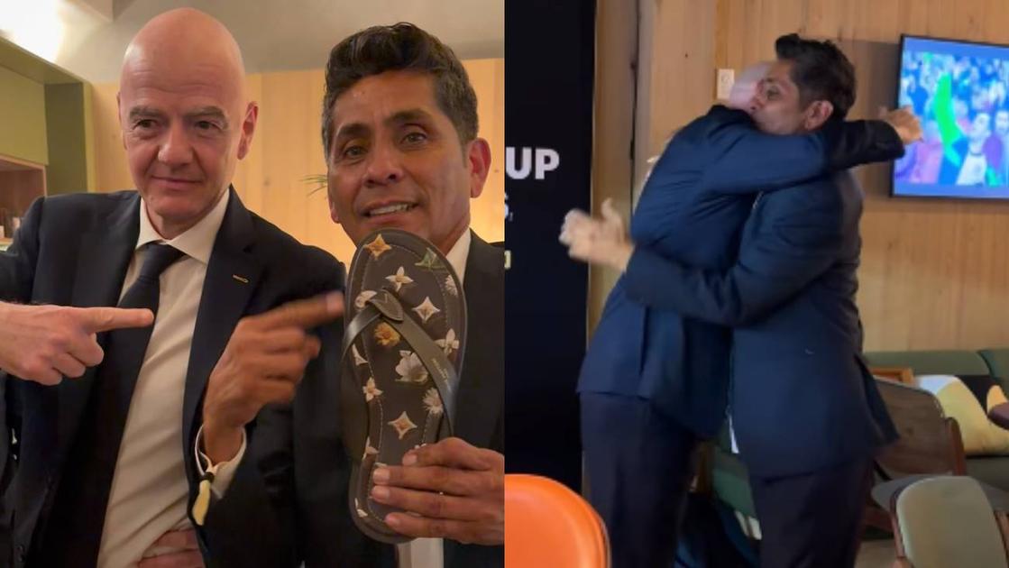 AmaneciendoMx's tweet photo. Gianni Infantino regala sandalias de lujo a Jorge Campos durante partido México vs Ecuador
El presidente de la FIFA, Gianni Infantino, le obsequió a la leyenda del fútbol mexicano Jorge Campos unas sandalias de la marca…
https://t.co/QtFbOFXhXa
#gianni #infantino #regala https://t.co/YsMkXHkRk8