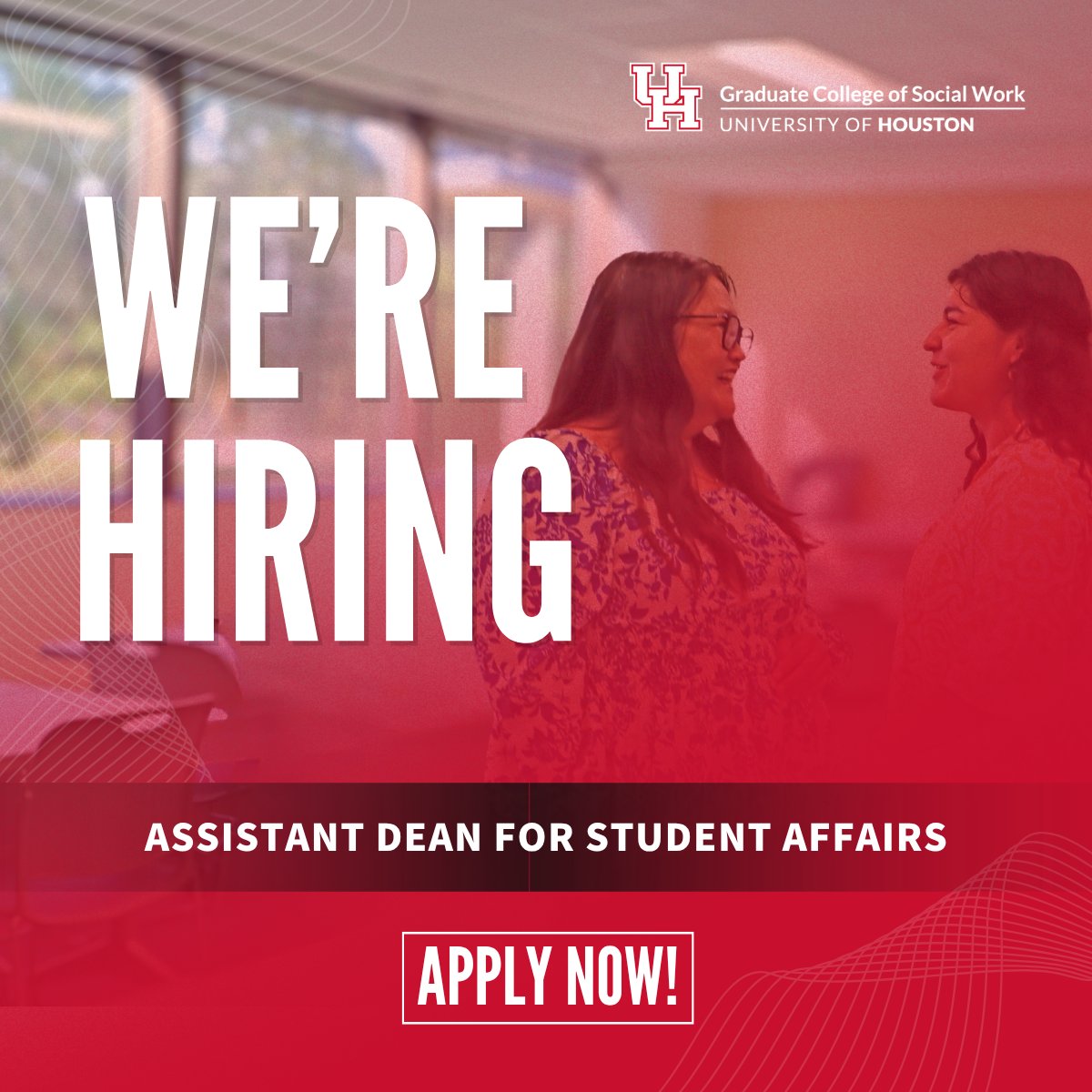 UH_SocialWork's tweet photo. #FacultyFriday We are pleased to share that the Graduate College of Social Work is hiring an Assistant Dean for Student Affairs to begin Fall 2026. Find additional information here: https://t.co/B7j13MITnR

#UHGCSW #UHSocialWork #ChartingOurPathToExcellence https://t.co/Zsquh25HLx